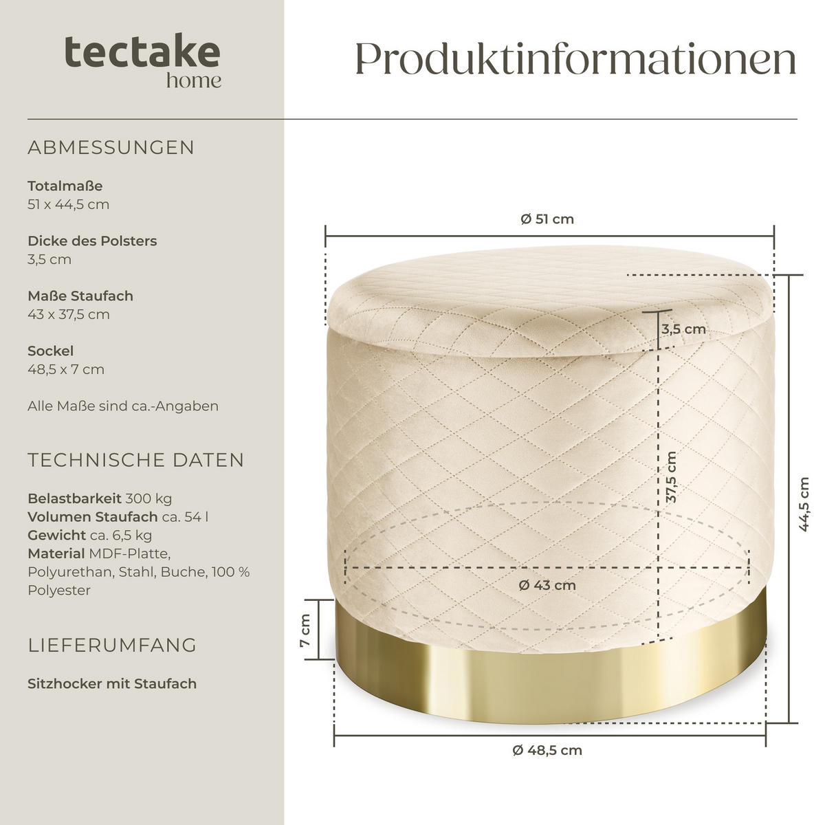 SITZHOCKER mit Stauraum Coco,51 x 44,5 cm,creme - Creme, Holz (51/44.5/51cm) - tectake