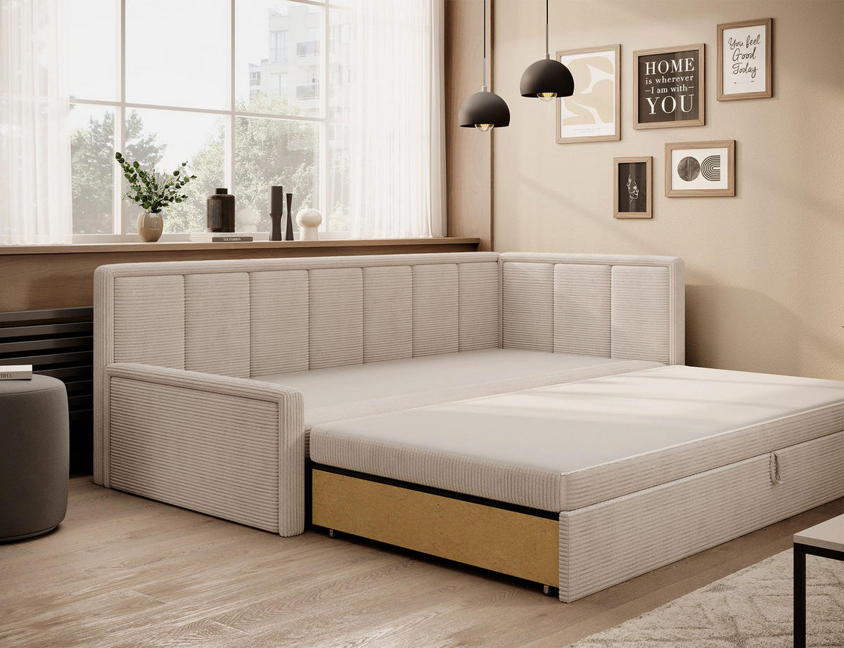SCHLAFSOFA FULGEO mit Schlaffunktion & Bettkasten – Modernes 3-Sitzer Sofa, Liegefläche 200 x 150 cm - Beige, Kunststoff (214/82/77cm) - Wohnideebilder