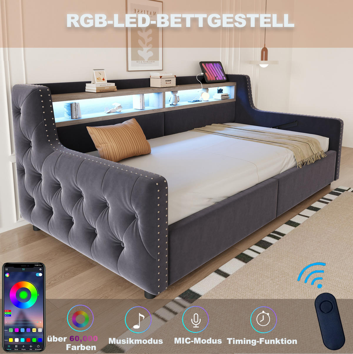 SCHLAFSOFA 90/200 cm mit LED, Stauraum, Ablage, Steckdose und USB-C, Samt mit Lattenrost, Dunkelgrau - Dunkelgrau, Textil (104/81/216cm) - Redom