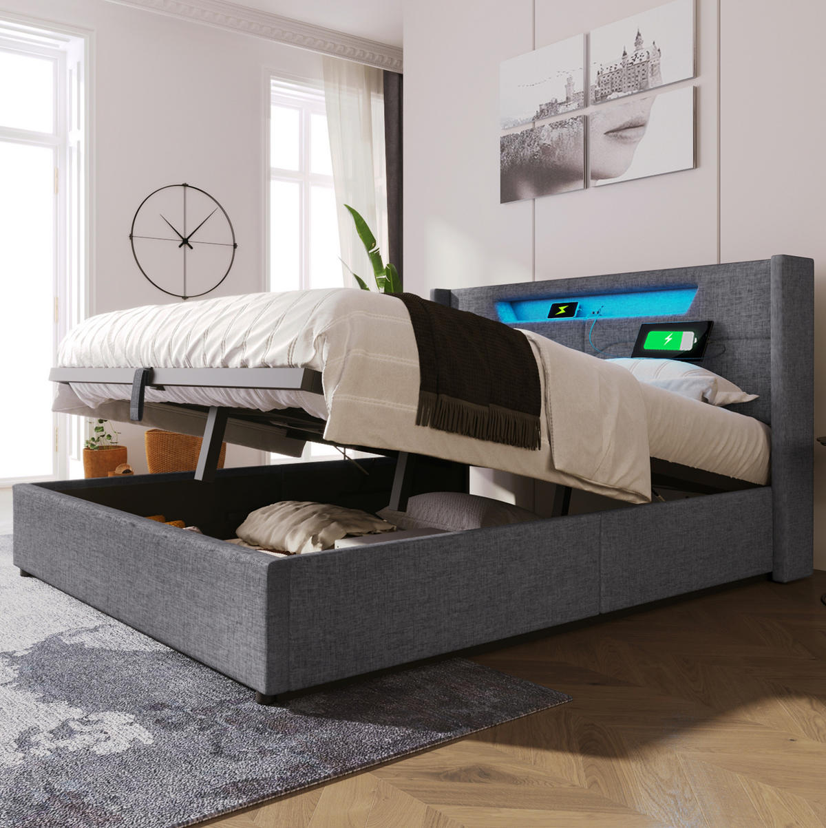 POLSTERBETT 140/200 cm aus Leinen mit LED USB-C und Stauraum Grau - Grau, Textil (140/200cm) - Modenvie