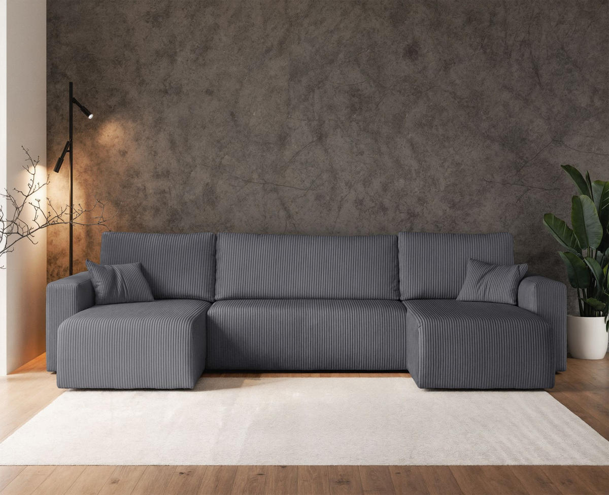 WOHNLANDSCHAFT Pianoni Grau Cordbezug - Schwarz/Grau, Kunststoff/Textil (312/83/140cm) - Selsey