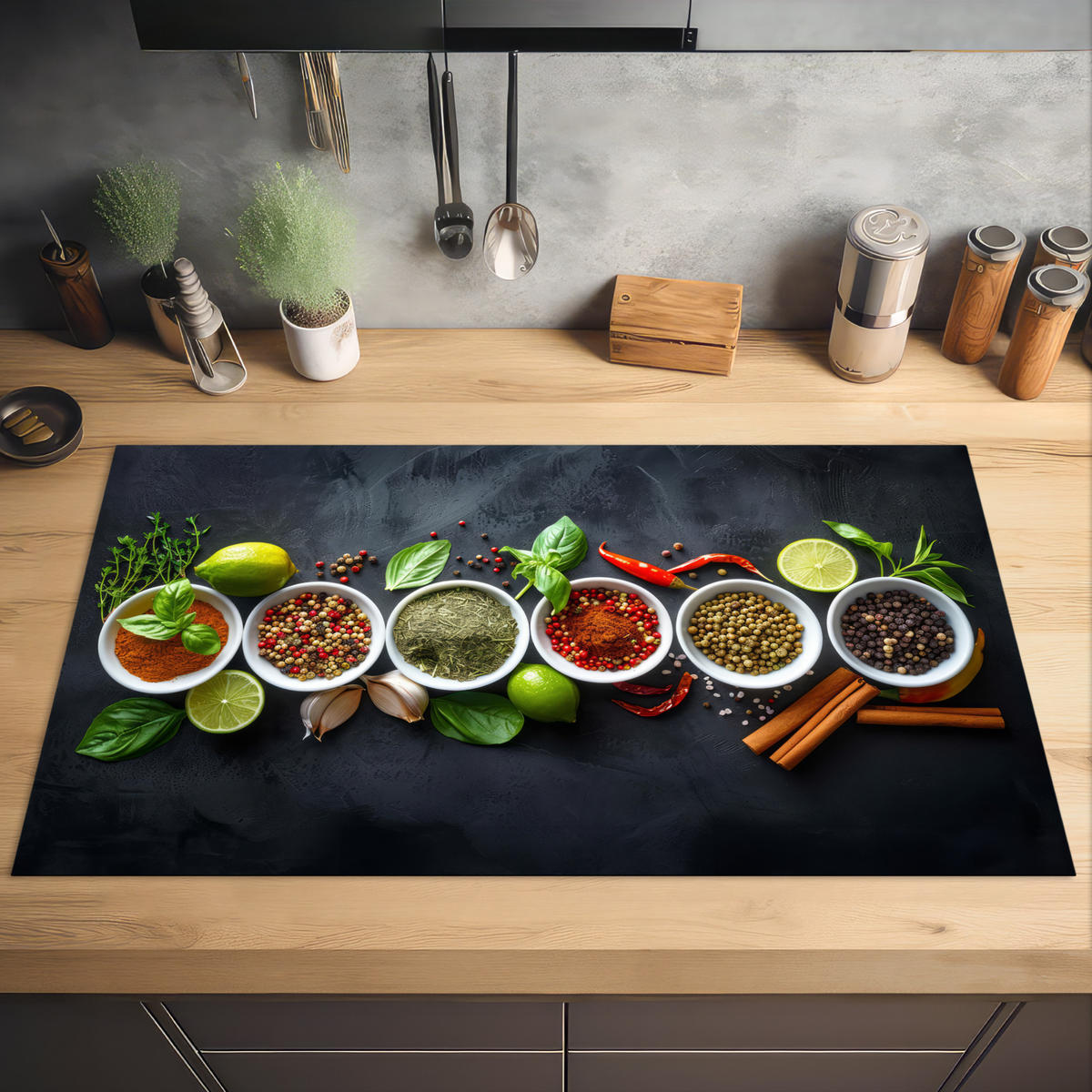 HERDABDECKPLATTE Kräuter - Gewürze - Konkrete Optik - Stilleben Induktionsschutz 91.2x52 cm - Multicolor, Kunststoff (91.2/52/0.2cm) - MuchoWow