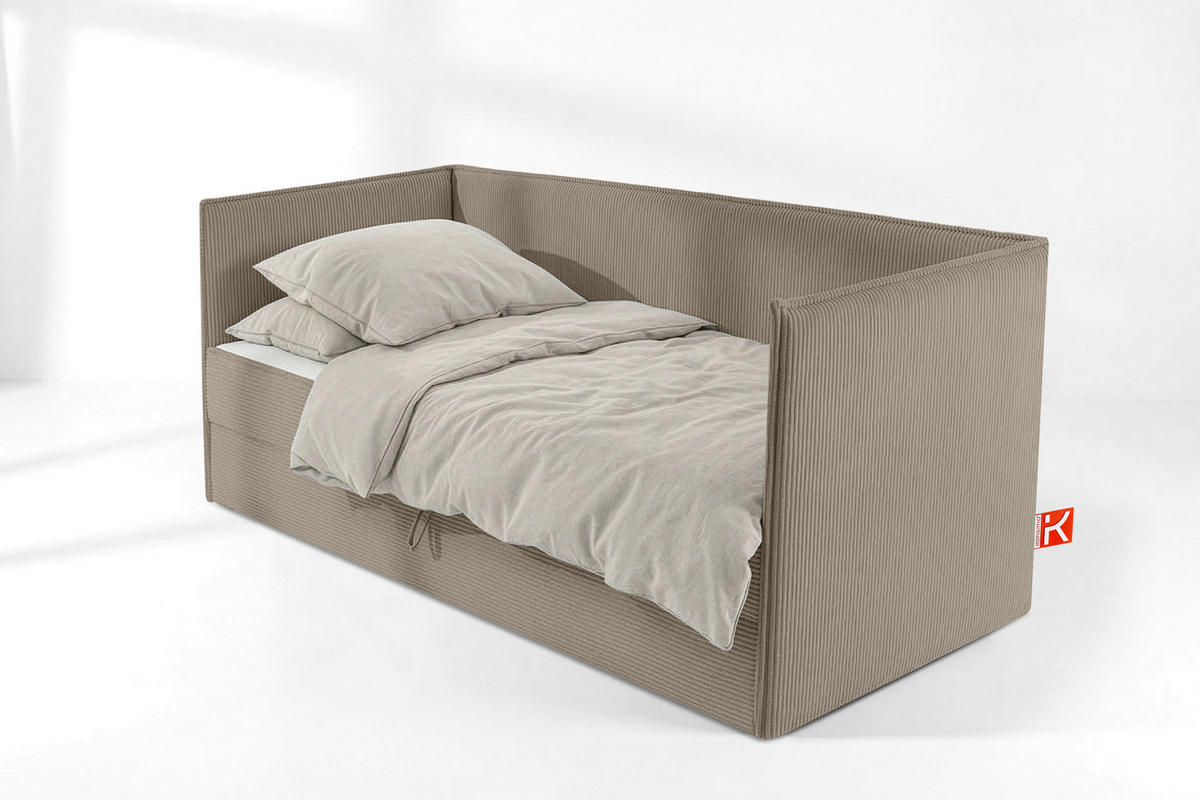 JUGENDBETT ROTI Einzelbett mit Bettkasten, 90x200cm, Bett mit Bonellmatratze, mit Rückenlehne - Beige/Schwarz, Holz/Holzwerkstoff (92/200cm) - KONSIMO®