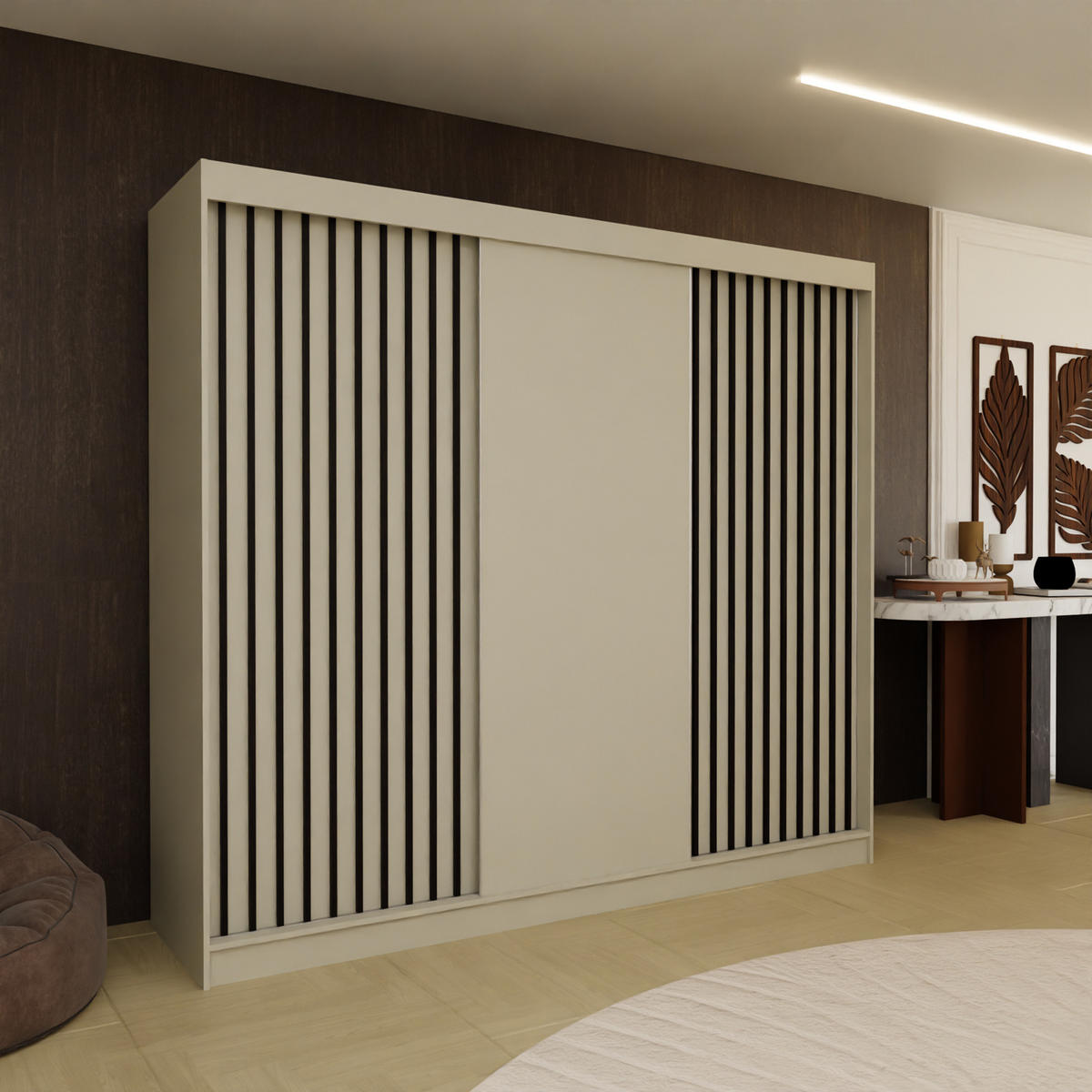 SCHWEBETÜRENSCHRANK Cabinio Beige Schwarz 240/216/61 cm – Modern, mit Lamellen - Beige/Schwarz, Holzwerkstoff/Kunststoff (240/216.1/61cm) - AX Living