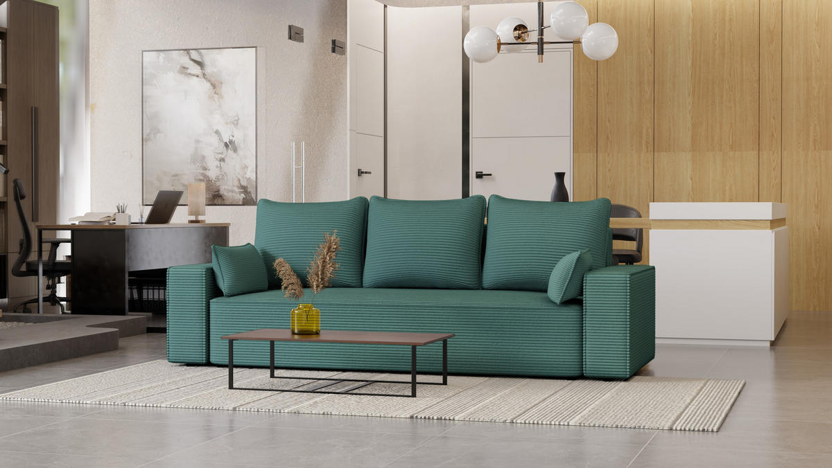 SOFA Vens mit Bettkasten und Schlaffunktion, Cordstoff - Pastellblau, Holzwerkstoff (242/85/95cm)