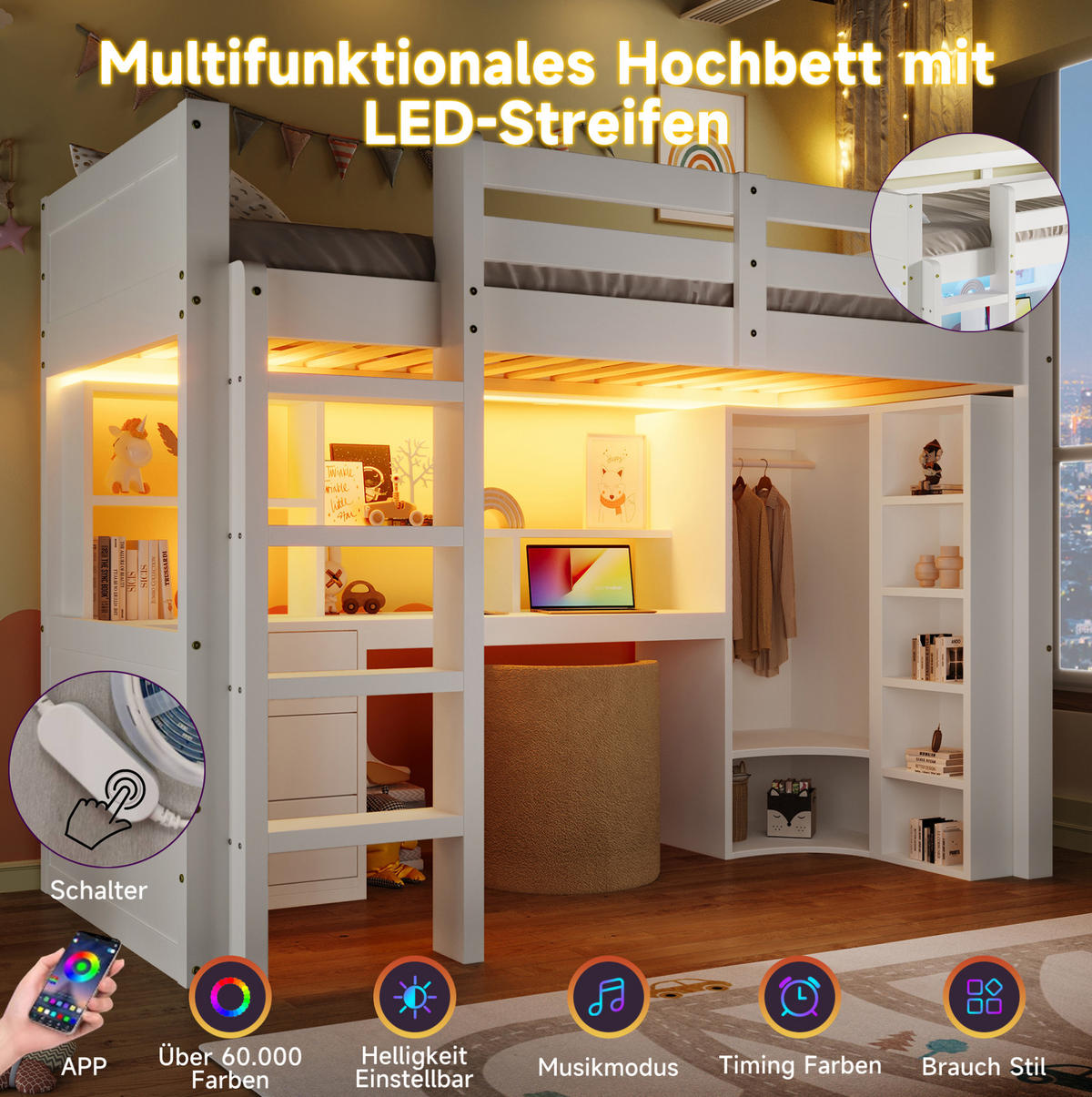 HOCHBETT 90/200 cm aus Kiefer mit LED-Beleuchtung Schreibtisch und Kleiderschrank Weiß - Weiß, Holzwerkstoff (90/200cm) - Modenvie