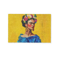 FUSSMATTE Frida Kahlo - Frau - Gelb - Blau - Blumen 90x60 cm - Gelb, Kunststoff (90/0.4cm) - MuchoWow