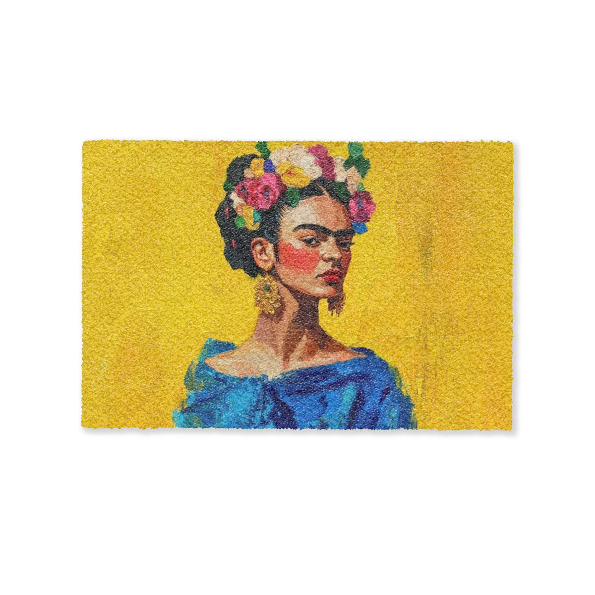 FUSSMATTE Frida Kahlo - Frau - Gelb - Blau - Blumen 90x60 cm - Gelb, Kunststoff (90/0.4cm) - MuchoWow