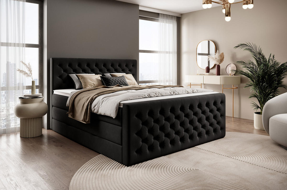 BOXSPRINGBETT Victoria Schwarz 200 /200 cm H2/H3 Samt - Schwarz, Textil (200/200cm) - wonello