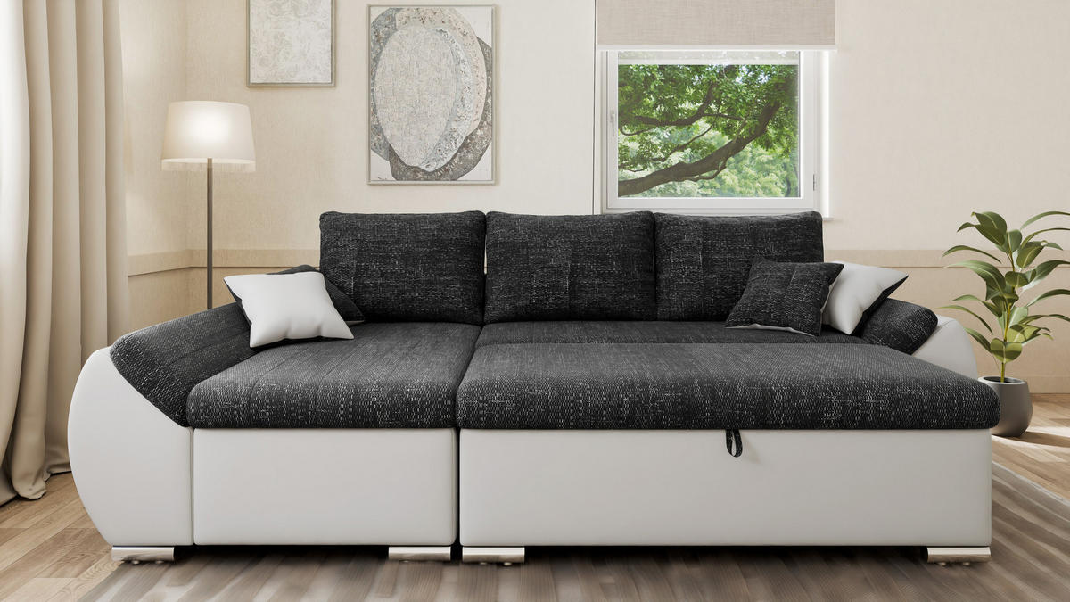 ECKSCHLAFSOFA ALEX – Schwarz + Weiß (Lawa 06 + Soft 17) + Hocker - Links - Schwarz, Holzwerkstoff/Metall (275/155cm) - Möblo