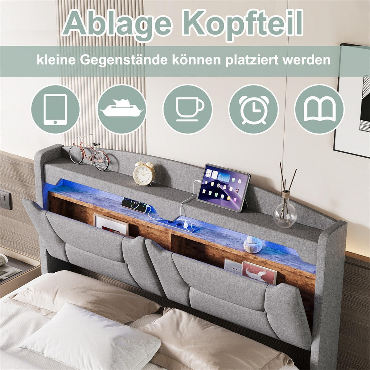 POLSTERBETT 140x200 cm mit LED-Kopfteilbeleuchtung, Ladefunktion und hydraulischem Bettkasten - Hellgrau - Grau, Textil (140/200cm) - DELFA