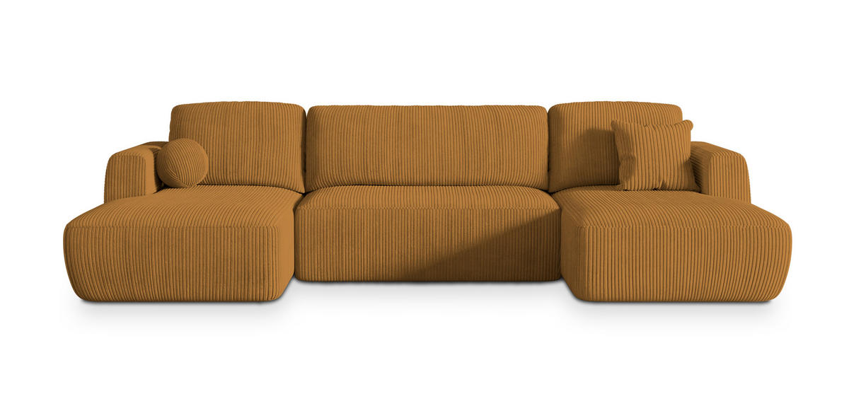 WOHNLANDSCHAFT SENTUM P Gelb Kordstoff mit Schlaffunktion - Gelb, Holz (330/90/148cm) - MASSENO