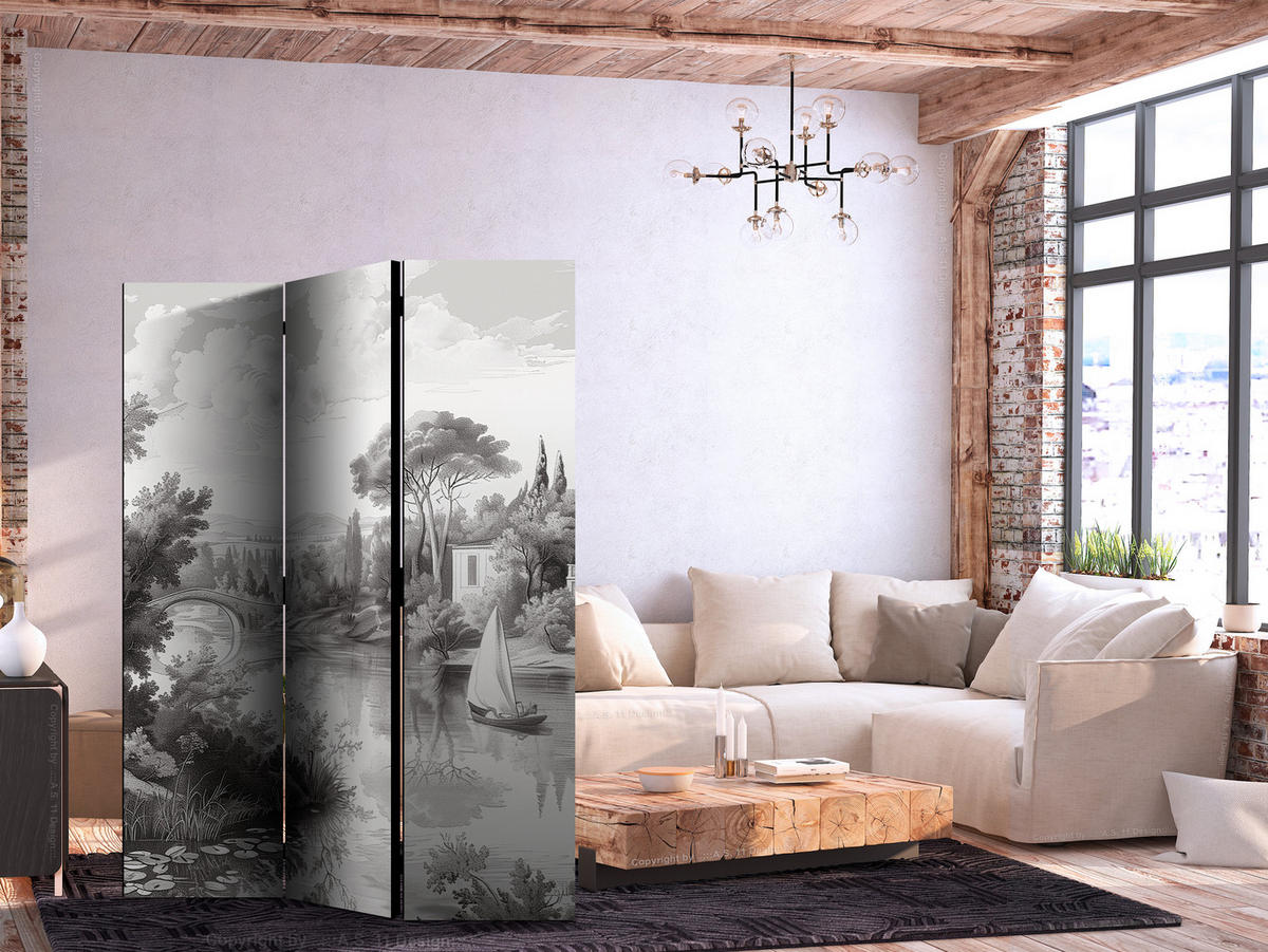 PARAVENT Akustik 3-tlg 135x172 cm Retro Flusslandschaft Natur - Grau, Holz/Textil (135/172/3cm) - Muralo