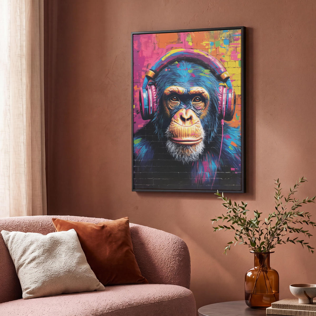 LEINWAND Bilder mit Rahmen - Graffiti - Schimpanse - Straßenkunst - Kopfhörer - Affe - 70x100 - Blau, Textil (70/100cm) - MuchoWow