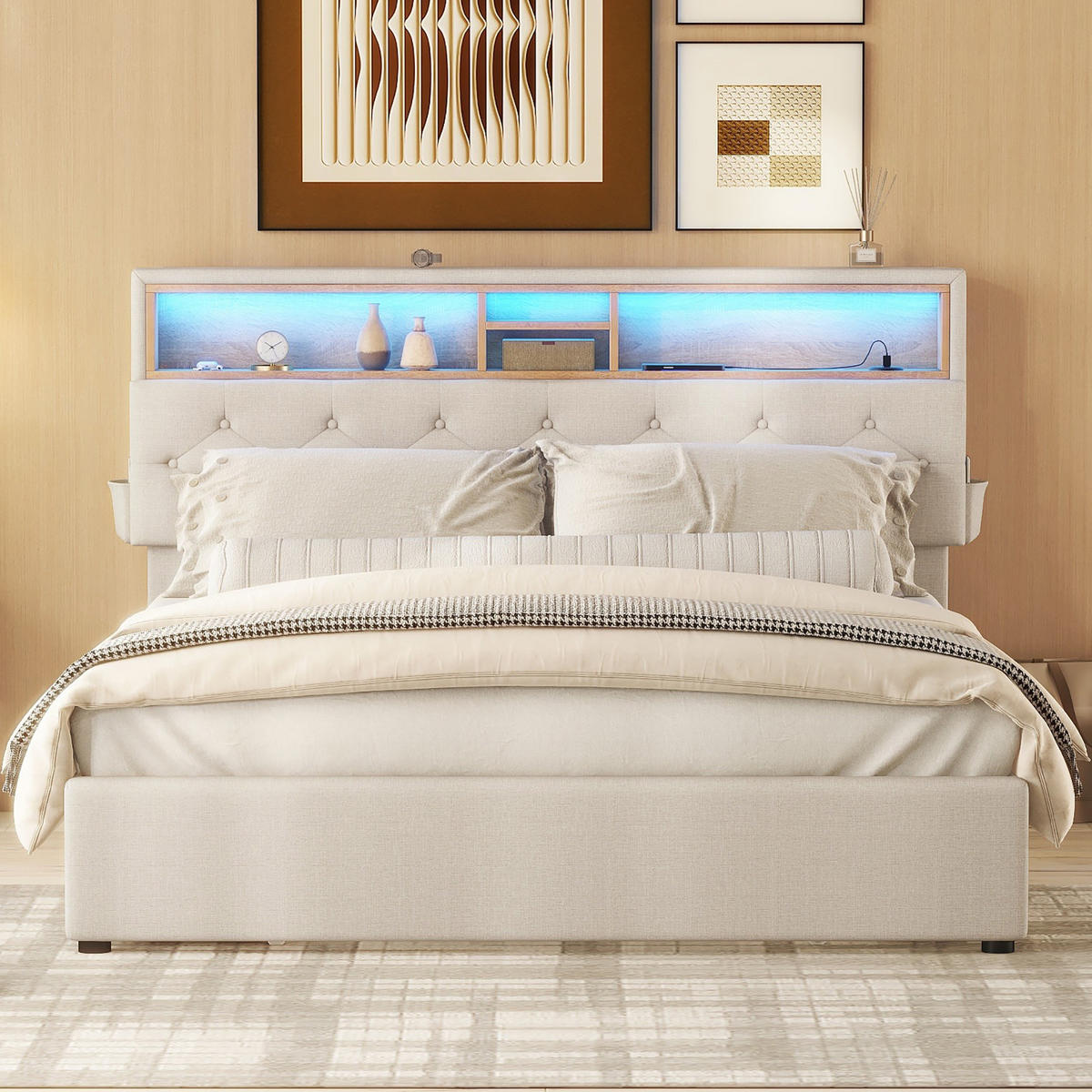 DOPPELBETT 140x200cm Beige Polsterbett LED USB 4 Schubladen Kopfteil - Beige, Holz (140/200cm) - FLIEKS