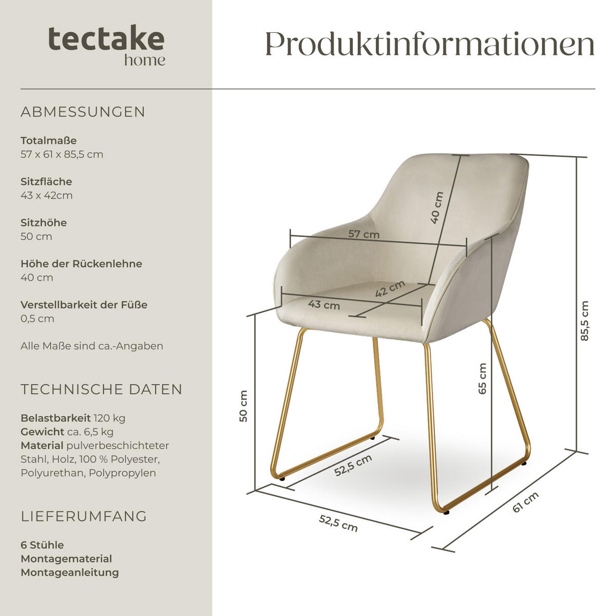 ESSZIMMERSTUHL Jeane,57 x 61 x 85,5 cm, Belastbarkeit 120 kg,Samtoptik creme/gold - Goldfarben/Samtahornfarben, Kunststoff (57/85.5/61cm) - tectake