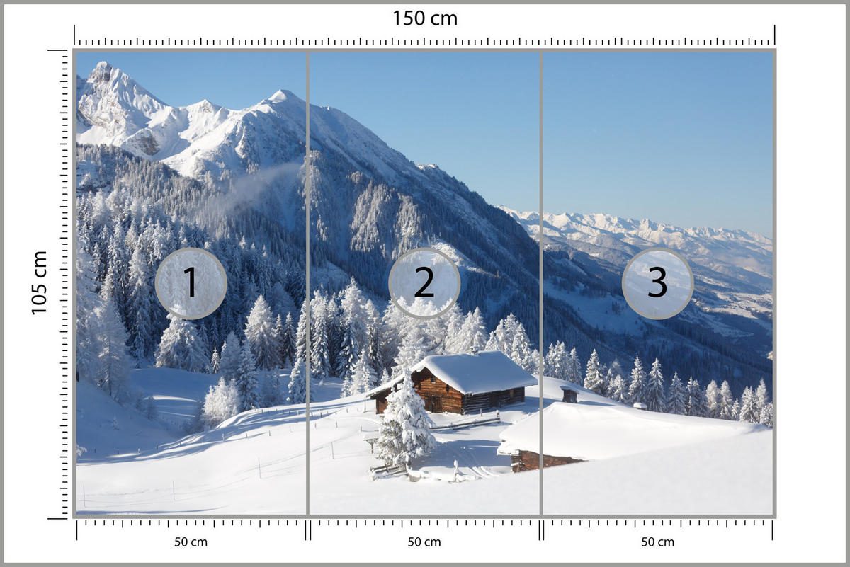 FOTOTAPETE für Wohnzimmer Holzene Hütte Berge Bäume Winter 150x105 - Weiß, Papier (150/105cm) - Muralo