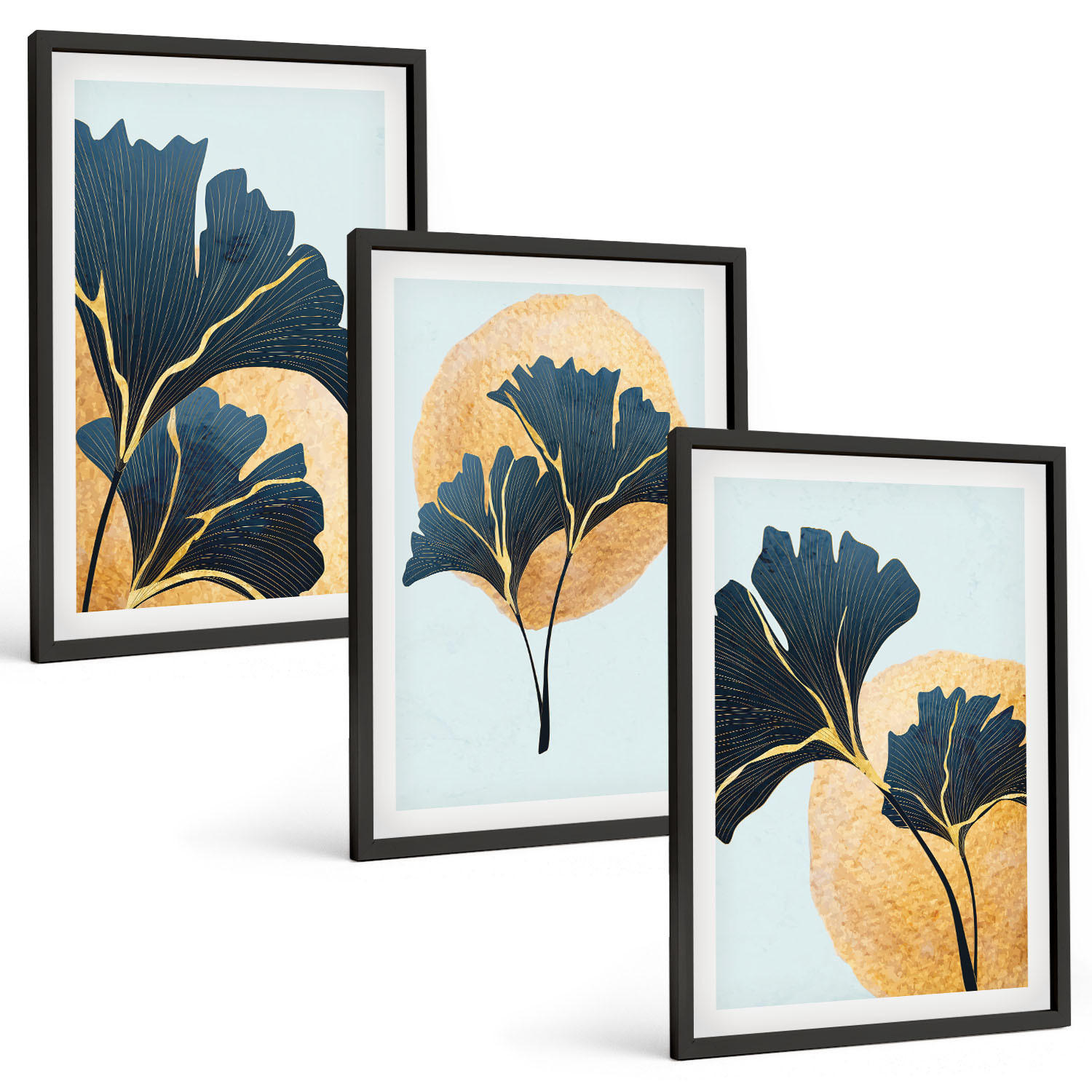 BILDER SET 3er Set - 40x60 cm Schwarzer Rahmen - Ginkgoblätter, heller Hintergrund - Schwarz, Kunststoff (40/60cm) - TULUP