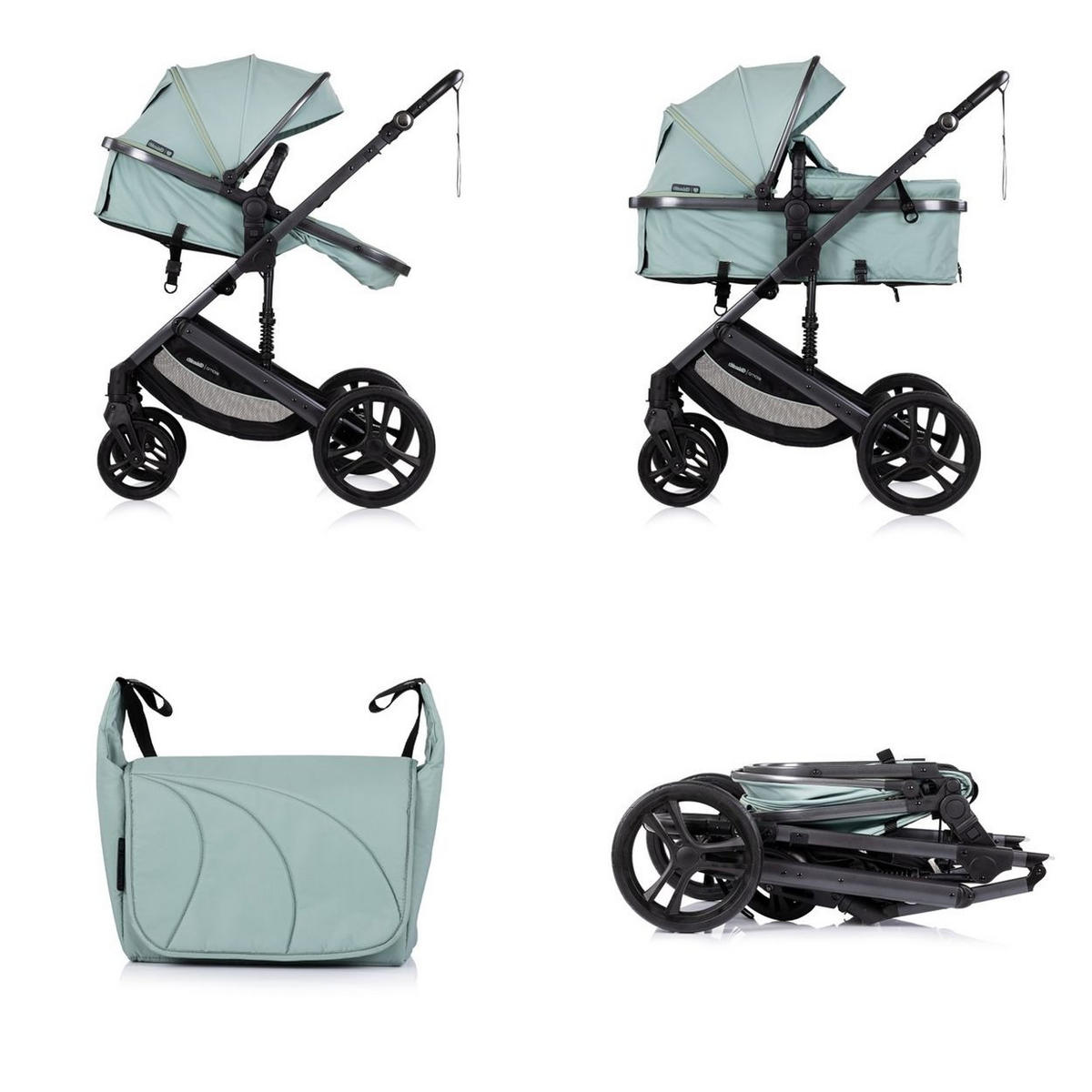 KOMBIKINDERWAGEN 2 in 1 Amore türkis Getränkehalter Wickeltasche Fußabdeckung Korb - Grün, Metall (95/63/105cm) - Chipolino