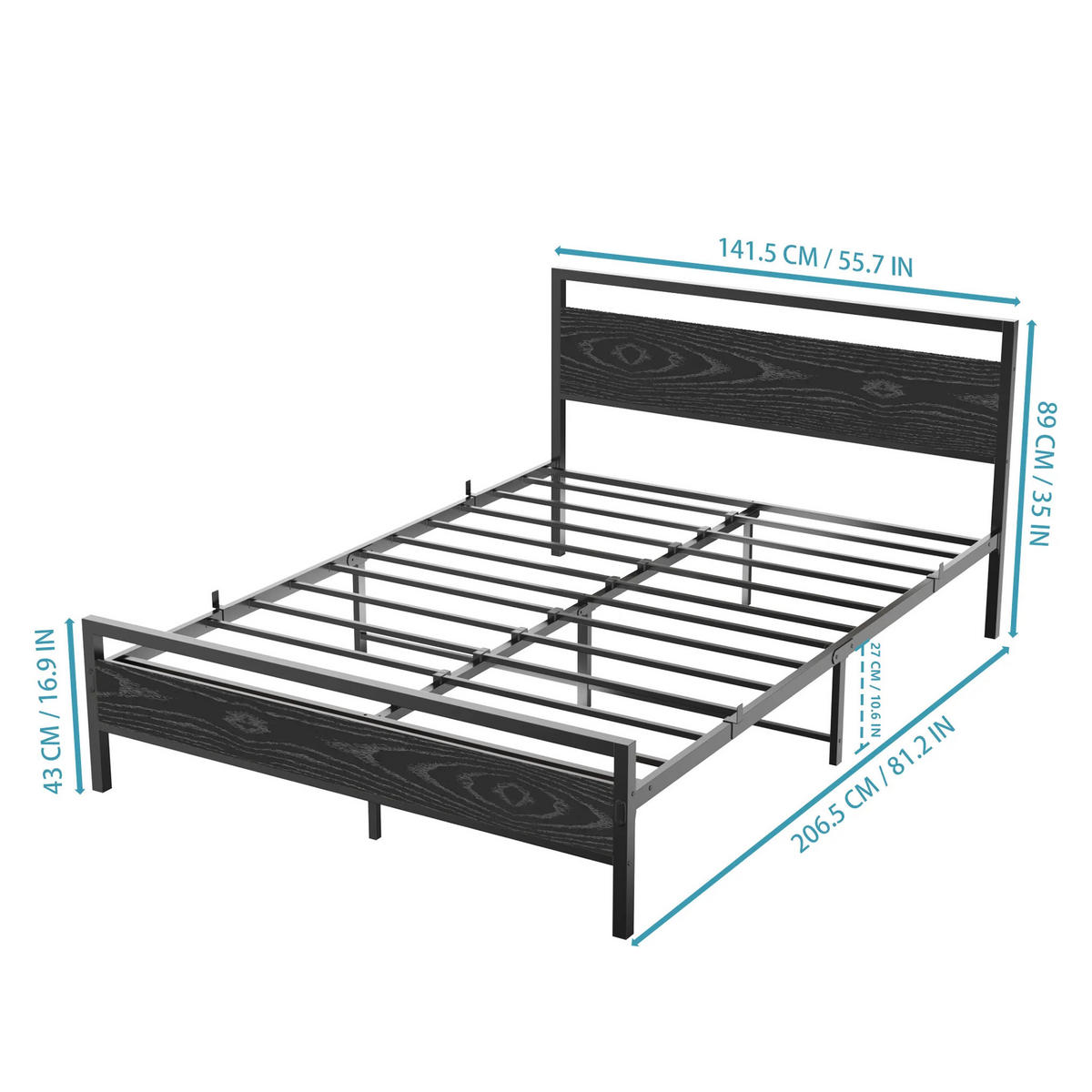 BETT 140/200 cm Schwarz Bettgestell aus Metall im Vintage-Design - Grau, Metall (140/200cm) - OKWISH