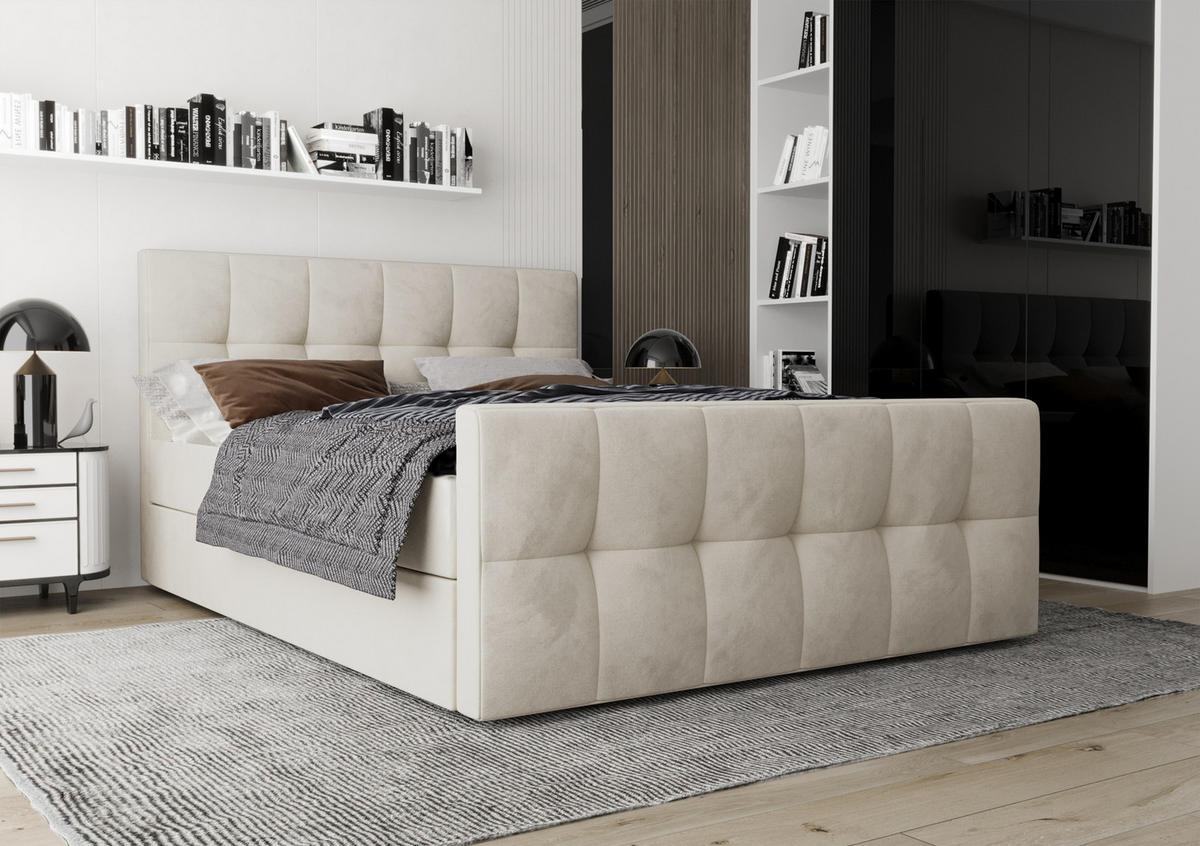 BOXBETT Settlio 160/200 cm in Creme – mit Bettkasten und Fußteil - Creme/Schwarz, Holz/Holzwerkstoff (160/200cm) - AX Living