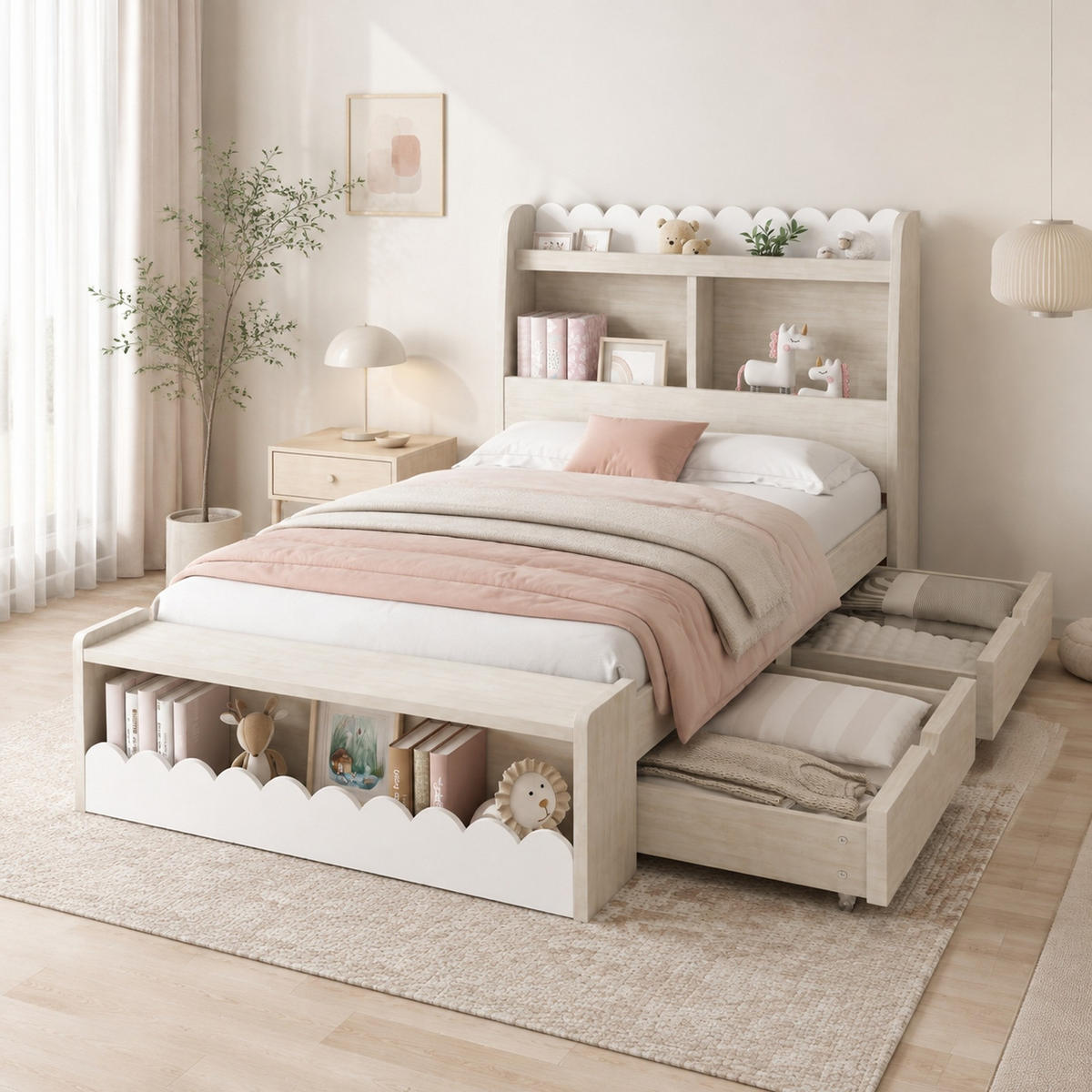 KINDERBETT 90/190 mit Schubladen, Regalen und Sitzbank in Weiß und Eichefarben - Eichefarben/Weiß, Holzwerkstoff (90/190cm) - EVRYAE
