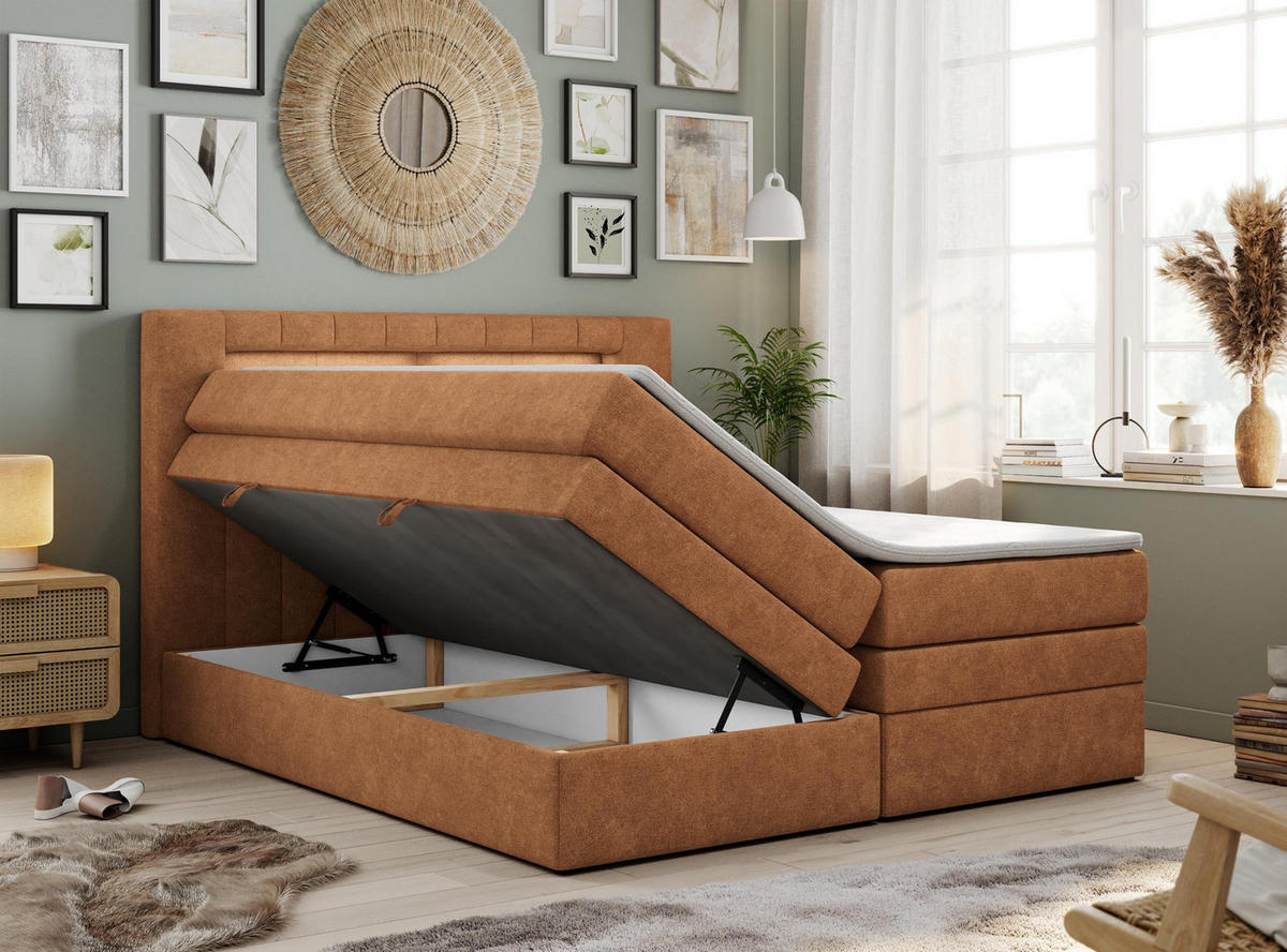 BOXSPRINGBETT GOLD-5 KING LED 160/200 Orange Struktur - H3 - Orange, Holz/Textil (160/200cm) - MKS