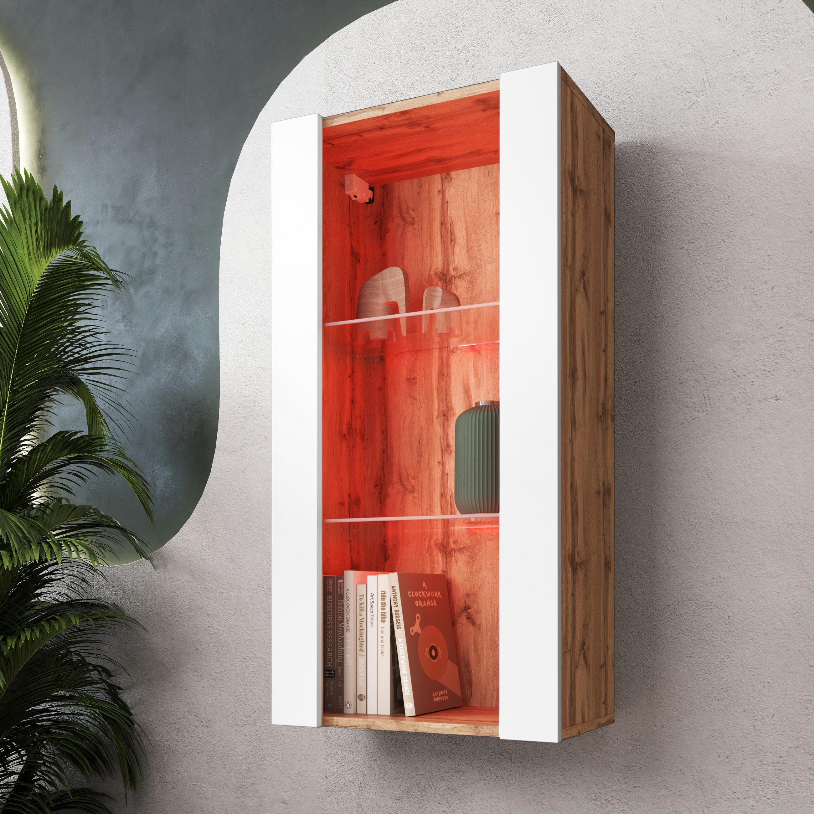 HÄNGEVITRINE TIVOLI Vertical 100, Weiss, LED Mehrfarbige - Eiche Wotan/Weiß, Glas/Holzwerkstoff (50/100/29.5cm) - Komodee