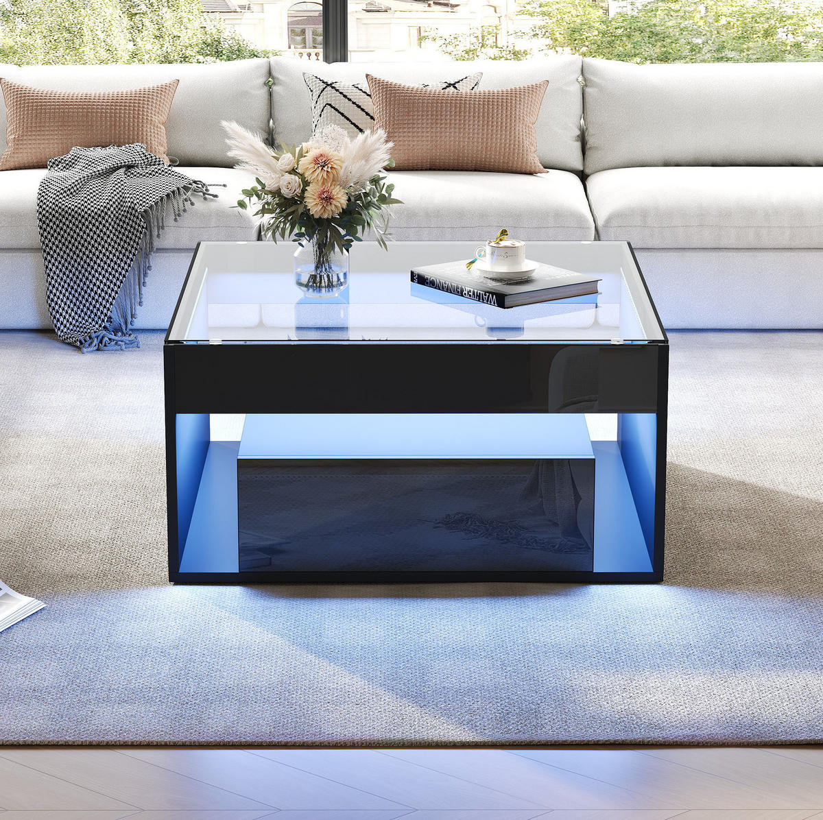 COUCHTISCH aus MDF und Glas 70x70x35 cm in Schwarz mit LED-Beleuchtung - Schwarz, Holzwerkstoff (70/70/35cm) - Modfu