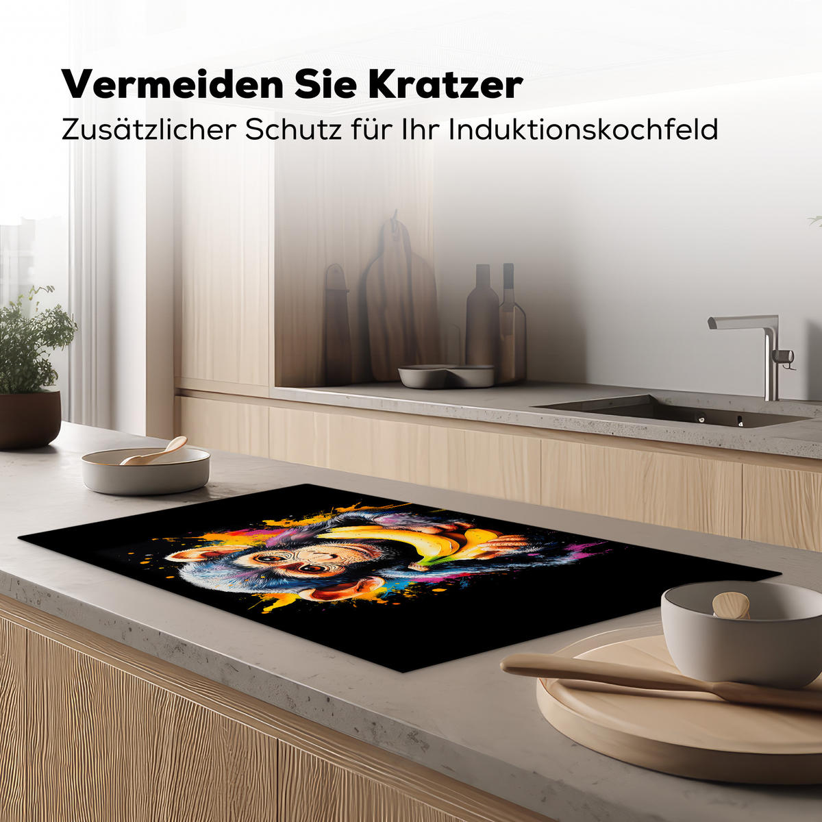 HERDABDECKPLATTE Affe - Graffiti - Farbenfroh - Bananen - Modern 90x52 cm - Gelb, Kunststoff (90/52/0.2cm) - MuchoWow