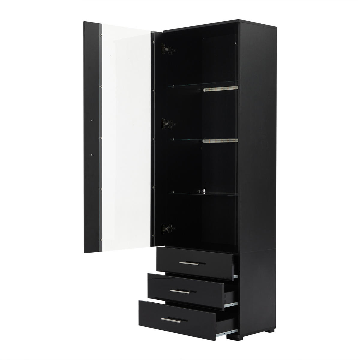 VITRINE, LED, 3 Schubladen, Hochglanz, Schwarz, 60x35x180cm - Schwarz, Holzwerkstoff (35/180/60cm) - FLIEKS