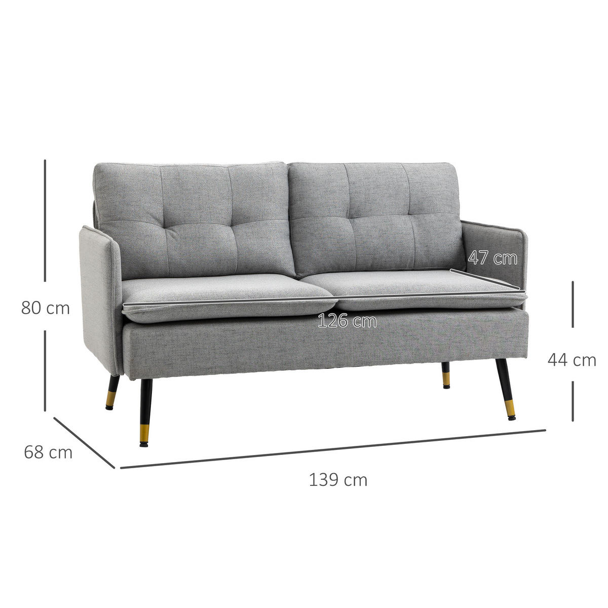 SOFA, 2-Sitzer, Stoff, Kissen, Stahlbeine, grau, 139x68x80cm - Multicolor, Holzwerkstoff (139/80/68cm) - FORIOUS