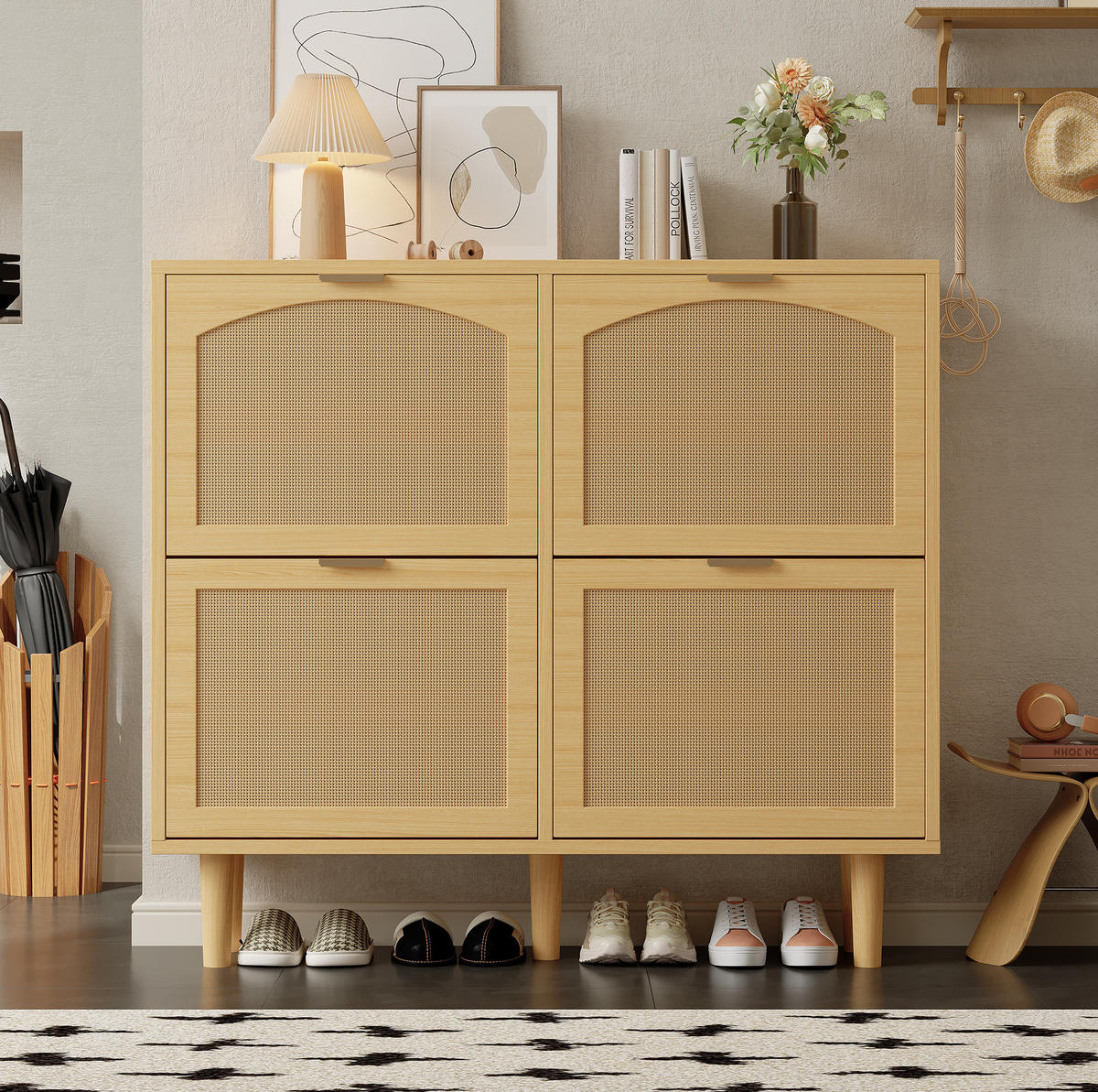 SCHUHSCHRANK 100/25/90 cm in Eichefarben mit 4 Klappen und Rattanfront - Naturfarben, Holzwerkstoff (100/90/25cm) - Flora Grace