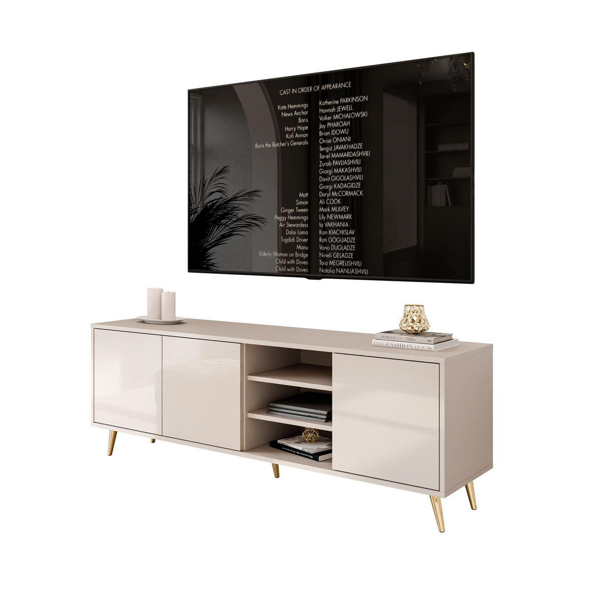 TV-SCHRANK SANAYI Kaschmir Hochglanz – schräge goldene Beine - Kaschmir, Holzwerkstoff (156/54/38cm) - Lookway
