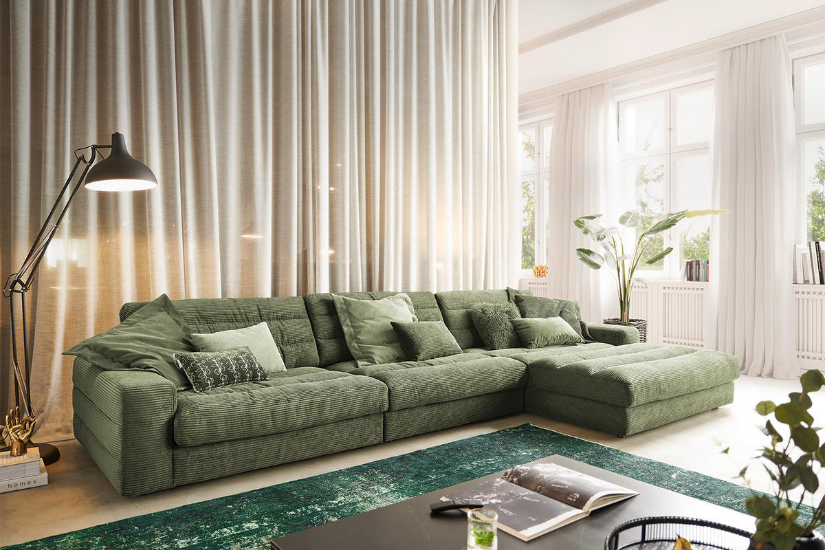 ECKSOFA XL LANA Grün Cord - Schwarz/Grün, Textil (416/205cm) - KAWOLA