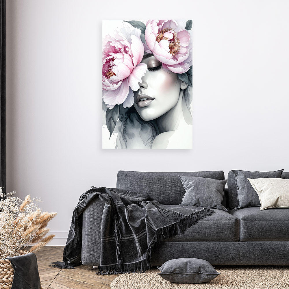 LEINWANDBILD Mädchen mit Pfingstrosenblüten auf dem Kopf 60x90cm - Grau, Textil (60/90cm) - Feeby