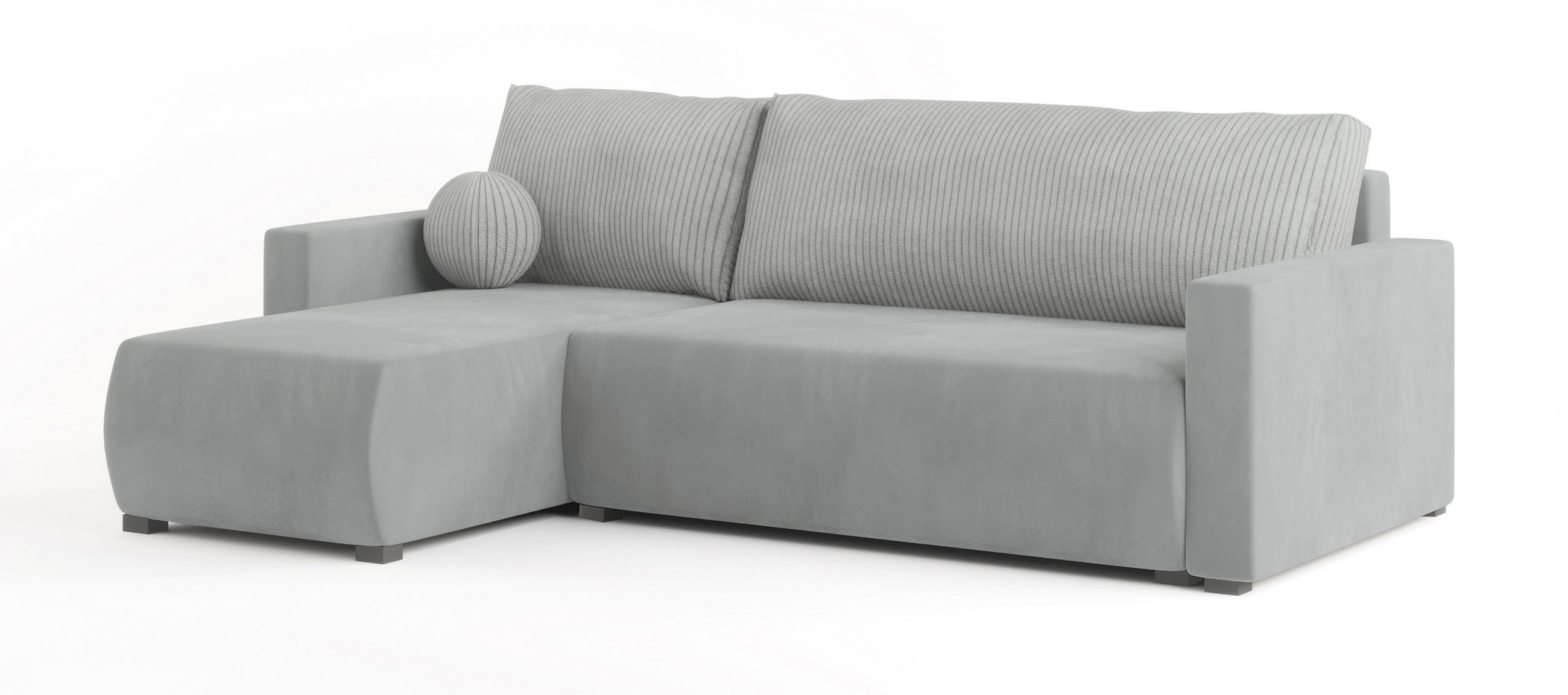 ECKSOFA SORGE Hellgrau Plüsch-Stoff mit Schlaffunktion - Hellgrau, Holz (220/143cm) - MASSENO