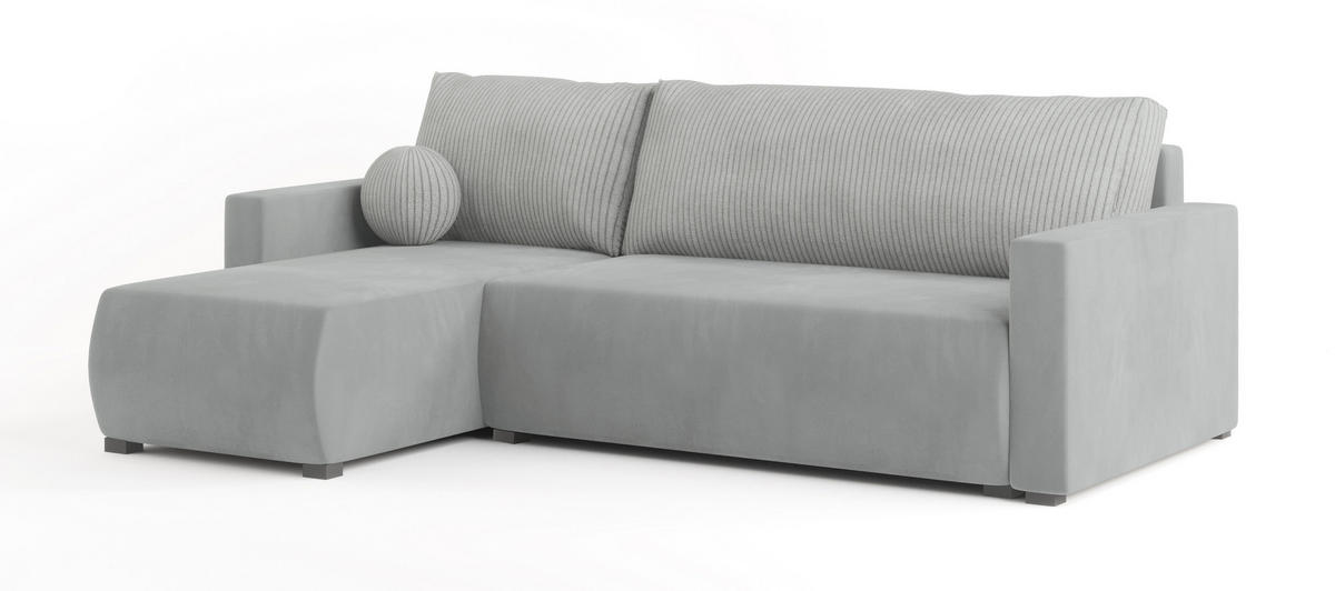 ECKSOFA SORGE Hellgrau Plüsch-Stoff mit Schlaffunktion - Hellgrau, Holz (220/143cm) - MASSENO