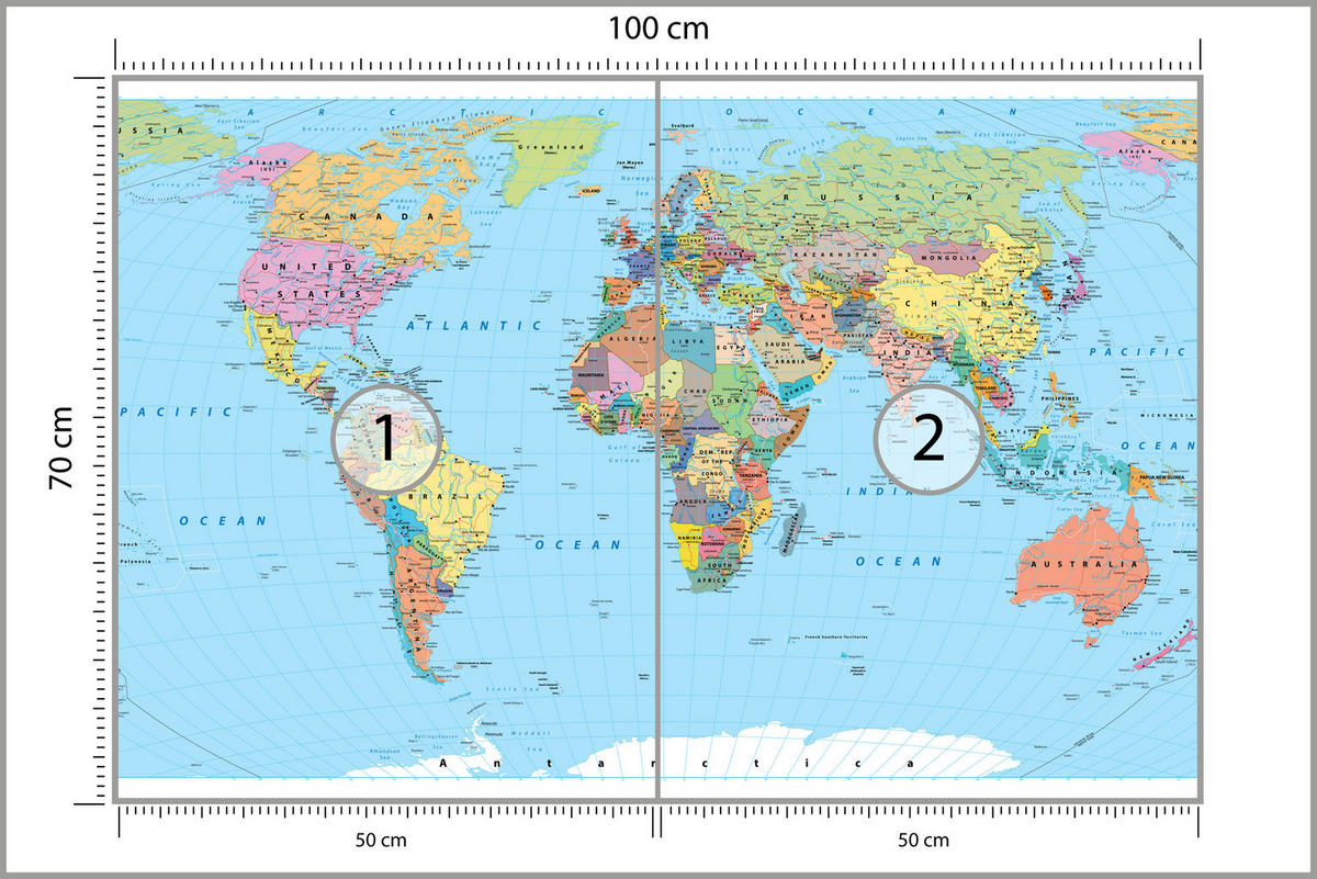 FOTOTAPETE für Wohnzimmer Politische Weltkarte Kontinente 100x70 - Gelb/Rosa, Papier (100/70cm) - Muralo