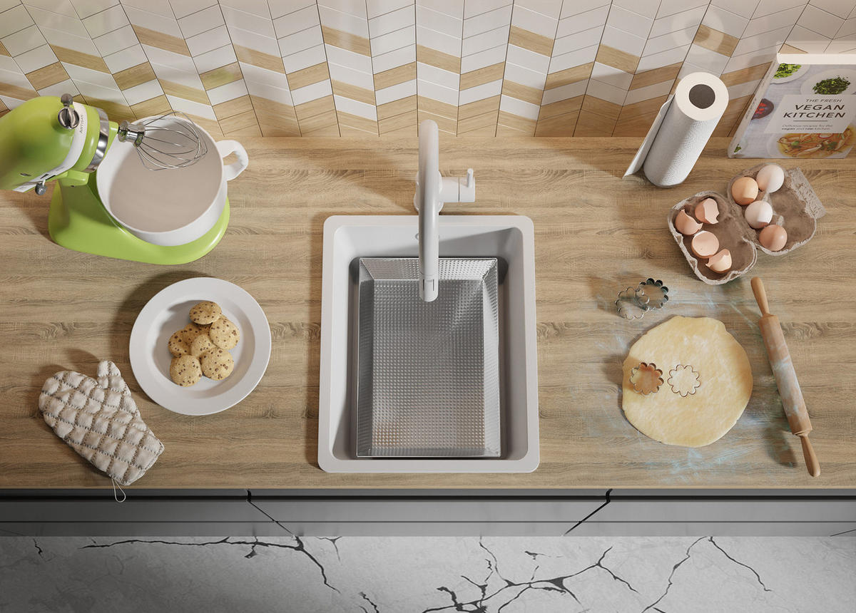 SPÜLBECKEN Venedig Slim Easy, 2-er set Alles Weiß 36/44 cm 1 Becken + Ablauf-Set ab 40er Unterschrank - Weiß, Kunststoff (36/20/44cm) - Primagran