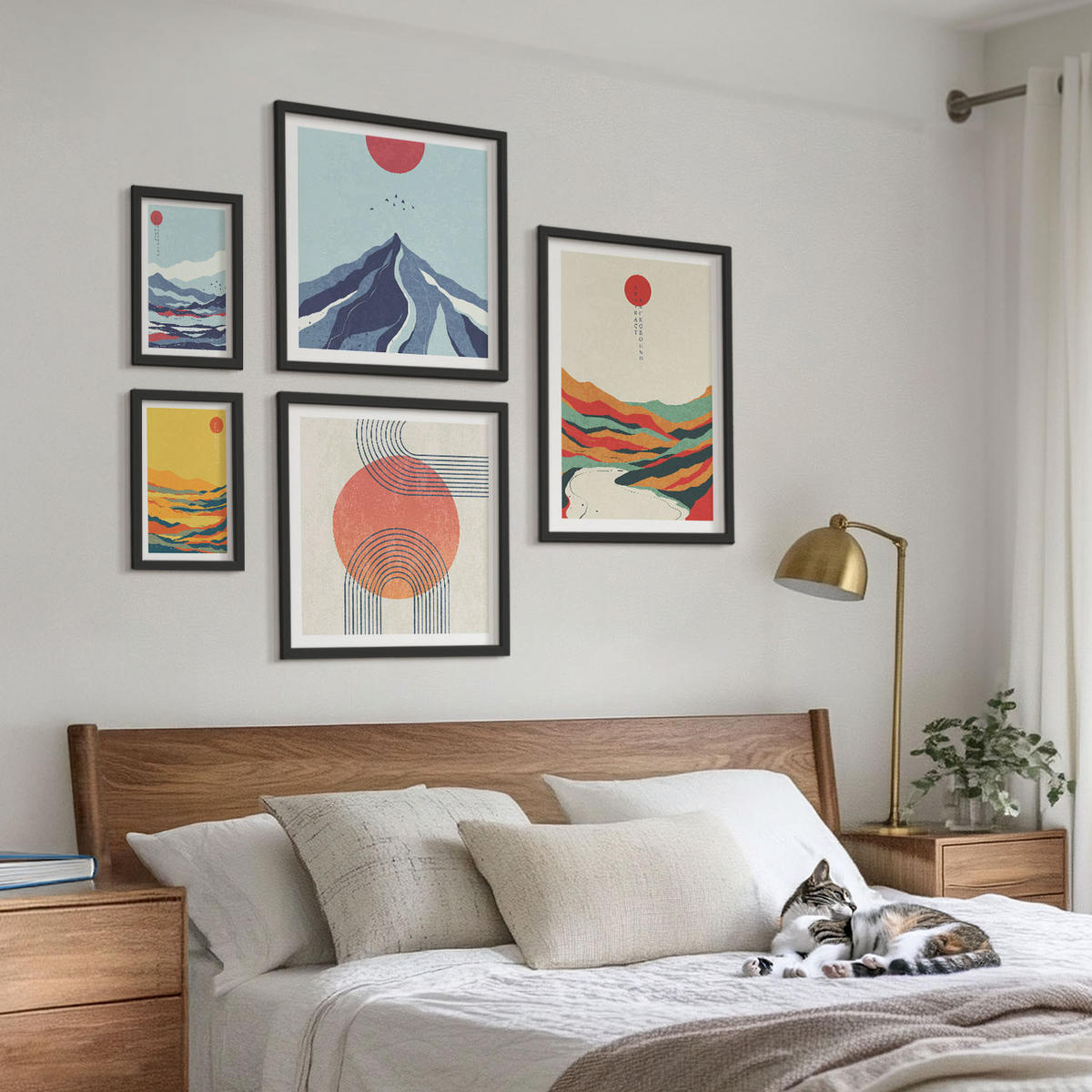 WANDBILDER 5er-Set - 50x50 cm & 20x30 cm & 40x60 cm Schwarzer Rahmen - Pastellfarbene Berge im Japandi-Stil - Schwarz, Kunststoff (40/60cm) - ArtPrintCave