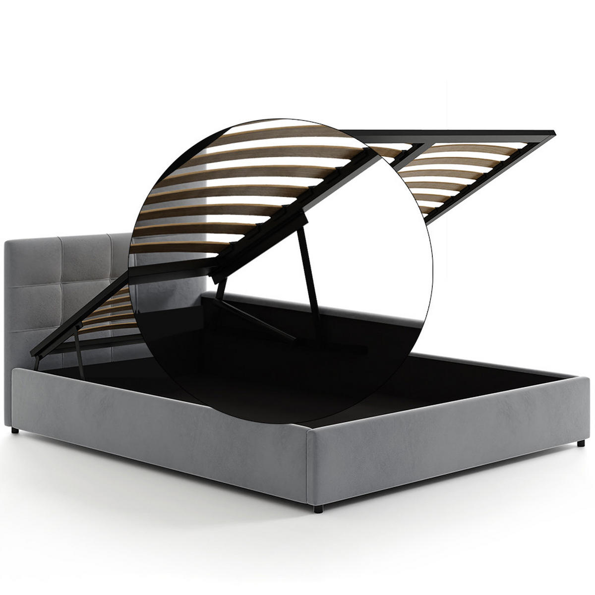POLSTERBETT 140×200 mit Bettkasten und Lattenrost Mira HLR-22 Grau Velours - Grau, Holz (140/200cm) - Jana