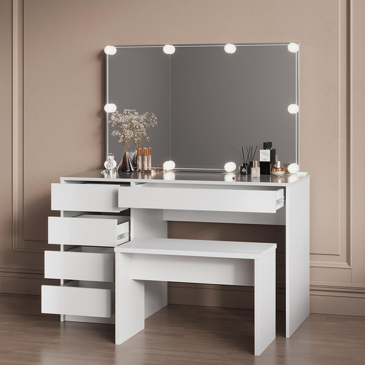 SCHMINKTISCH Imola Weiß 120 cm mit Bank - Weiß, Holzwerkstoff (120/75/55cm) - Livinity®
