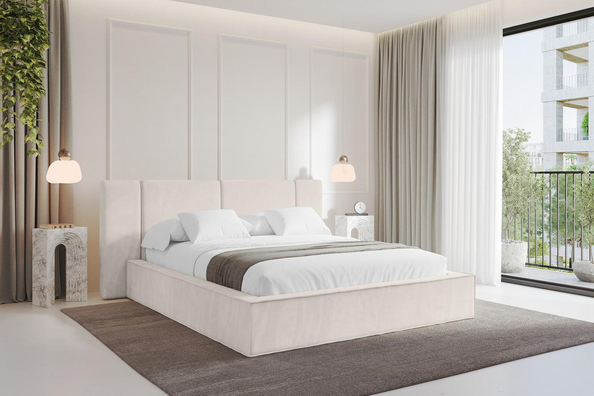 POLSTERBETT mit Bettkasten und Lattenrost, Bett mit Matratze H3/H4 - RIVO 160x200 Beige - Ecru, Holzwerkstoff/Textil (160/200cm) - ALTDECOR