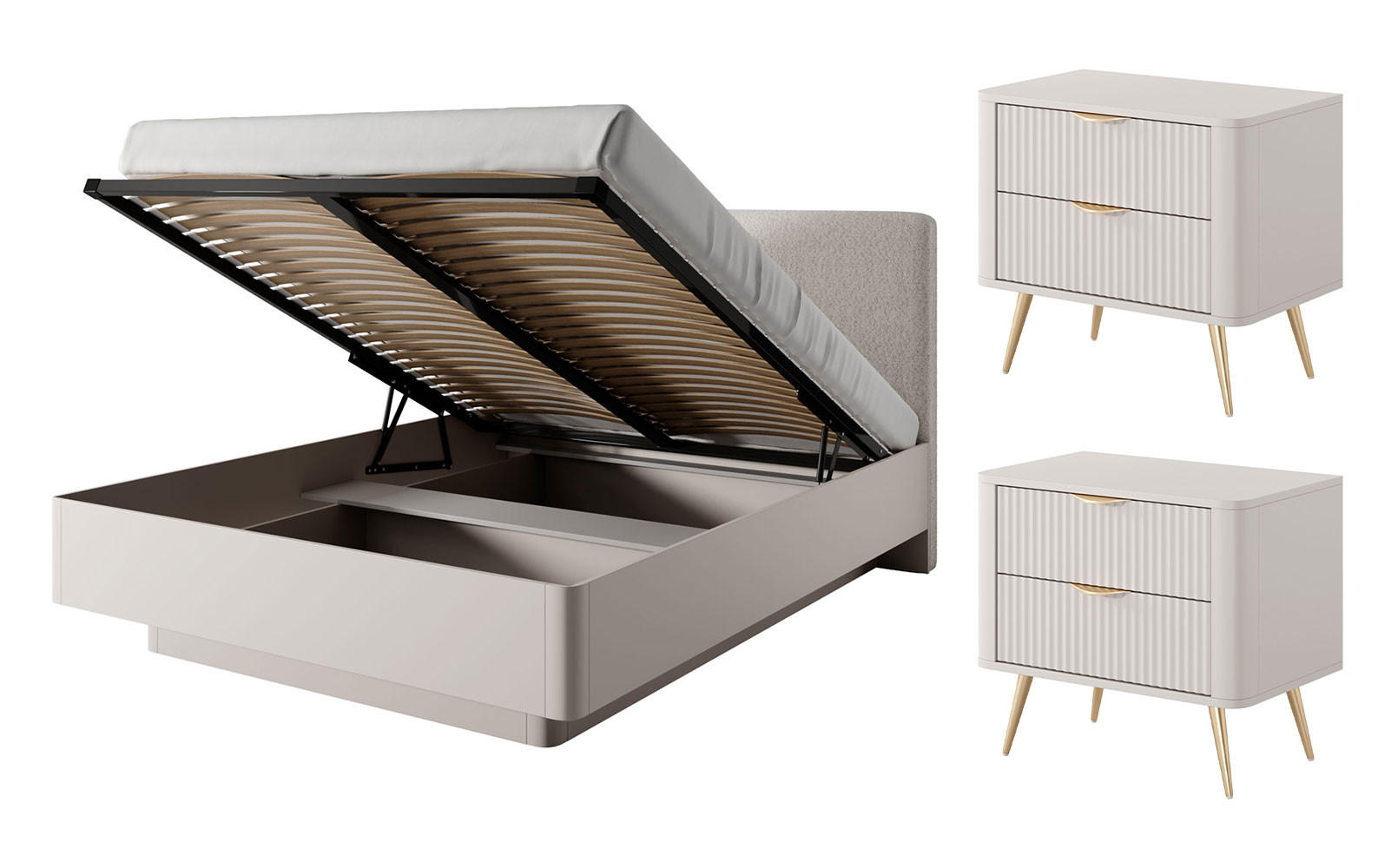 SCHLAFZIMMER-SET Lante beige 3-teilig mit Metall-Lattenrahmen - Beige, Holz/Metall (160/200cm) - Feldmann-Wohnen