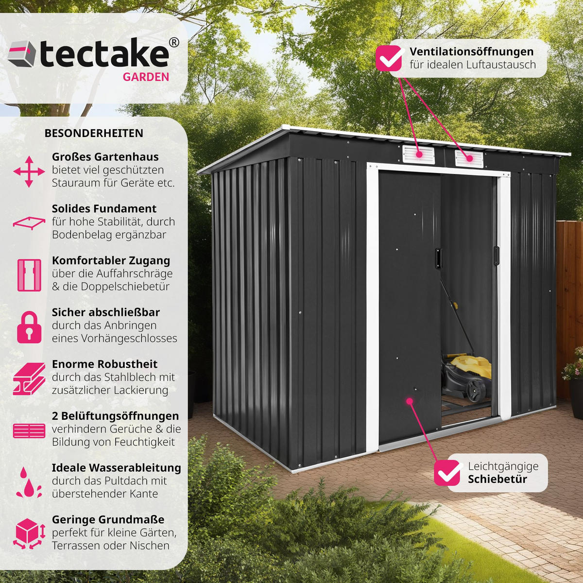 GARTENHAUS mit Pultdach, 213 x 130 x 173 cm,grau/weiß - Weiß/Grau, Metall (130/173/213cm) - tectake
