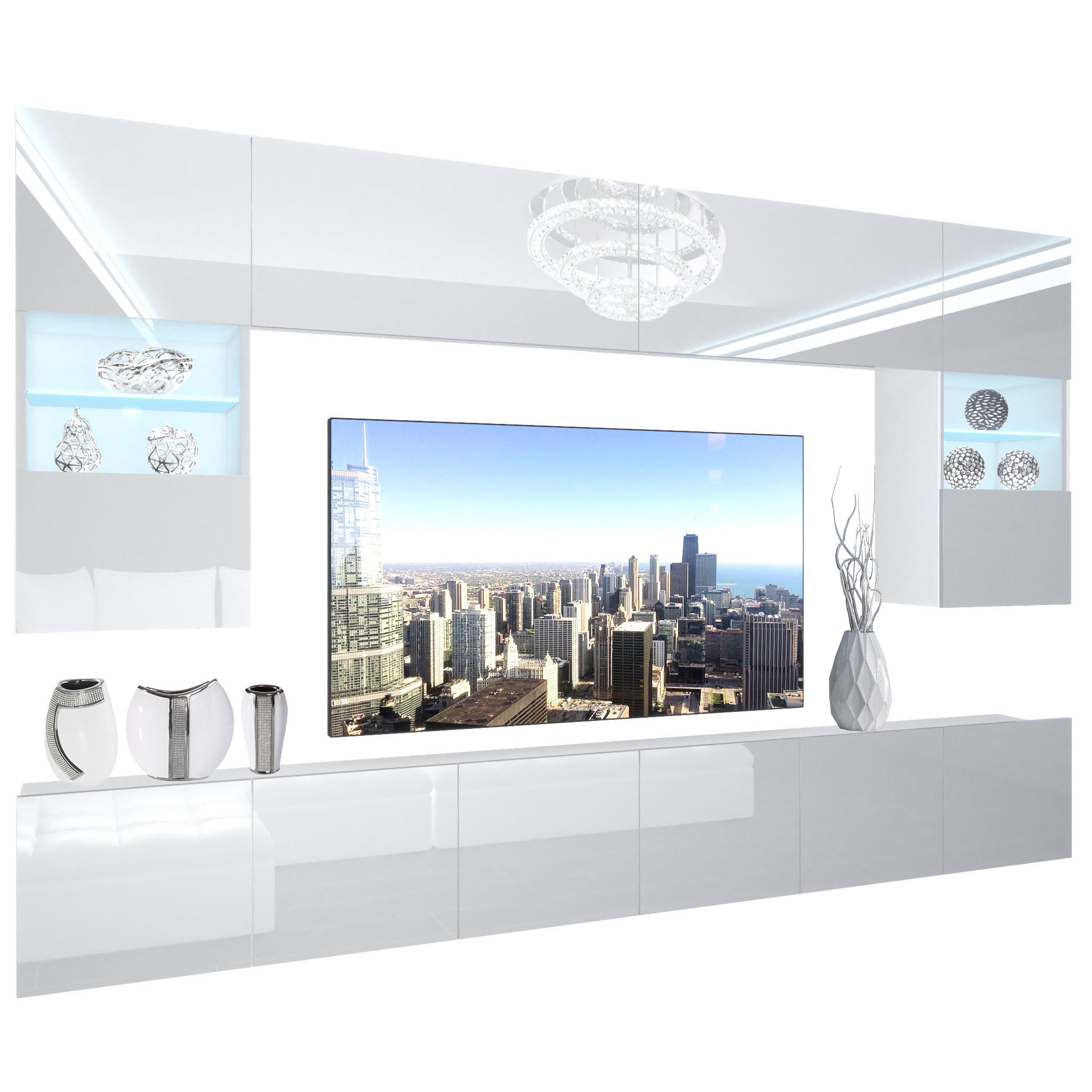 WOHNZIMMERWAND mit LED-Beleuchtung TV-Schrank Weiß - Weiß, Holz (300/180/36cm) - B BELINI GROUP