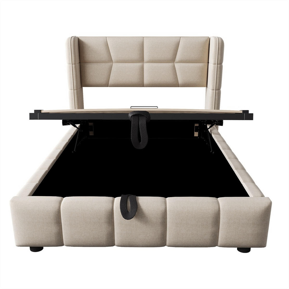POLSTERBETT 90x200 cm mit hydraulischem Stauraum & Gepolstertes Kopfteil - ohne Matratze - Leinen - Beige - Beige, Textil (90/200cm) - DELFA