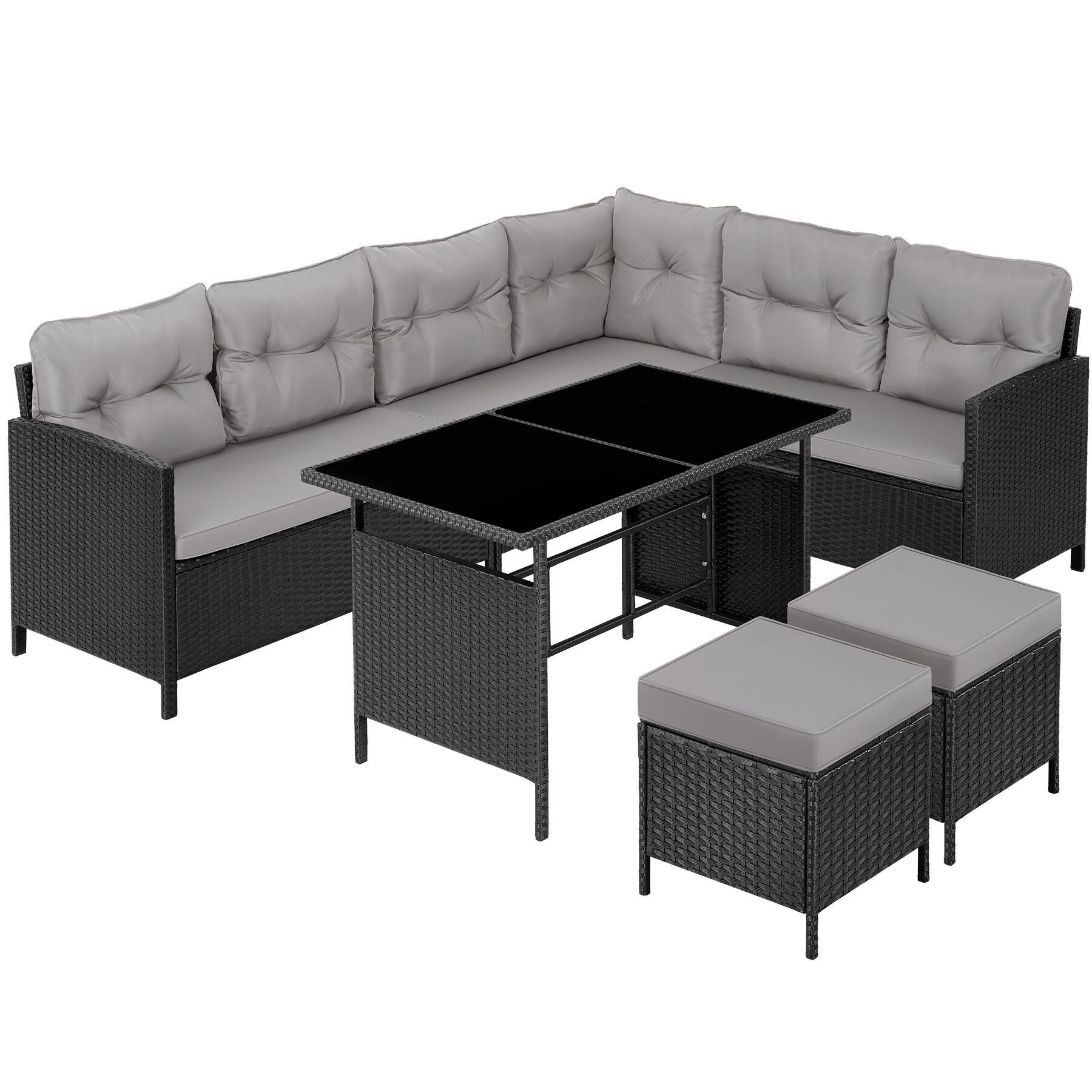 RATTANLOUNGE Barletta, mit Sicherheitsglasplatten, schwarz/grau - Schwarz/Grau, Kunststoff - tectake