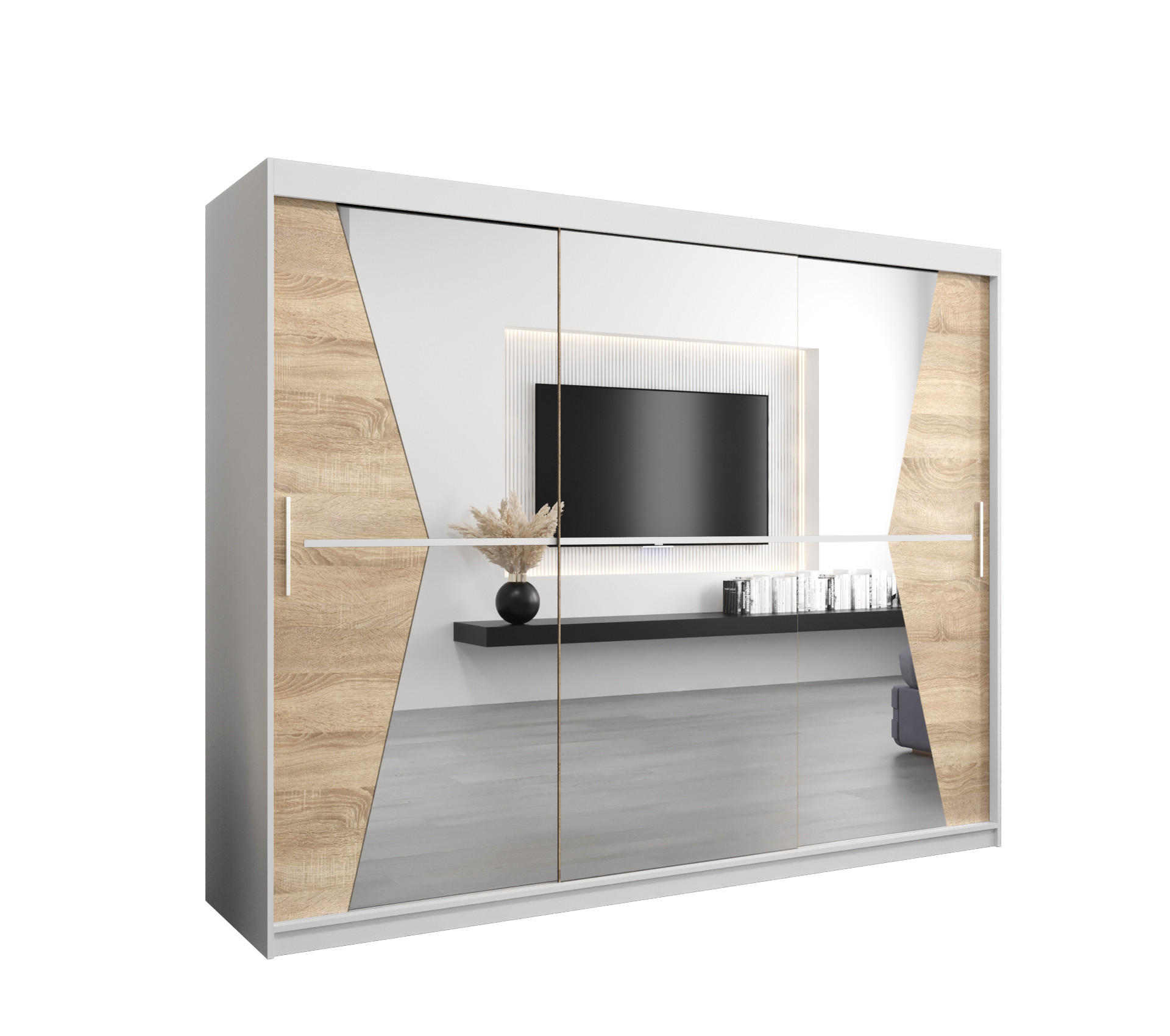Abiks Möbel Schwebetürenschrank Weiß, Sonoma Eiche 250x200x62 cm